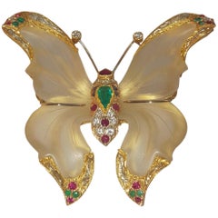 1970s 18 Karat Rock Crystal Ruby Emerald Sapphire Diamond Butterfly from Capri