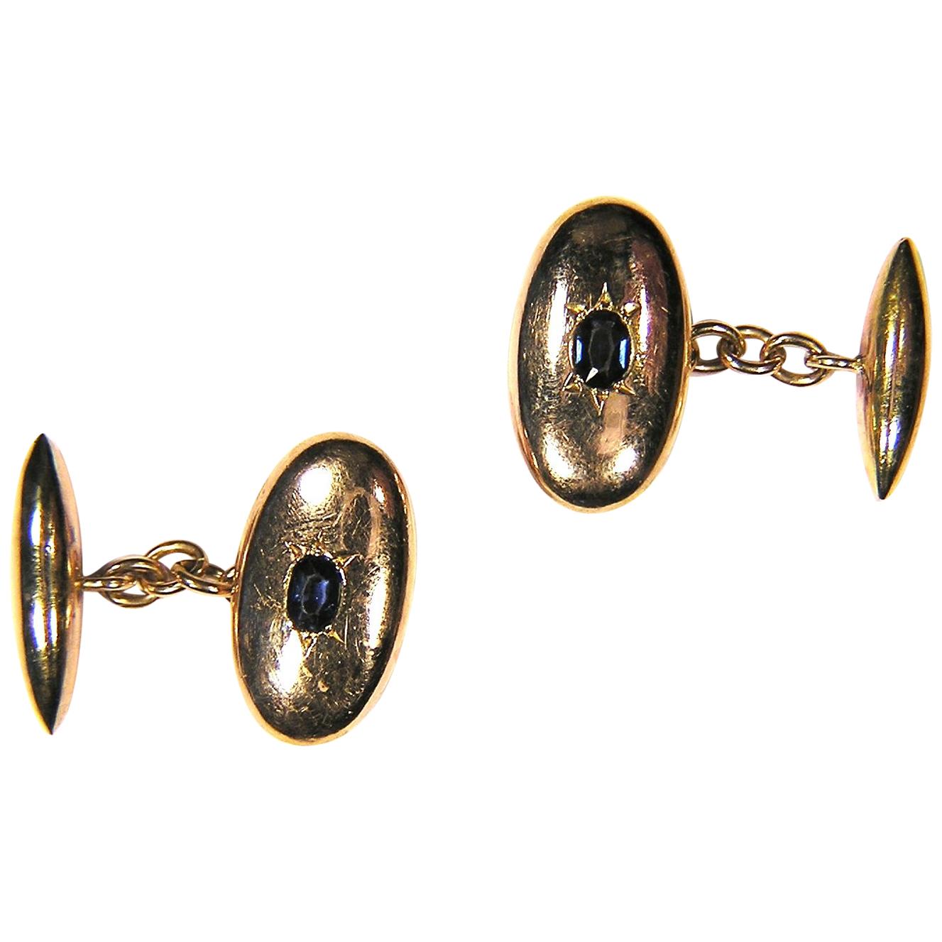 1970s 18 Karat Rose Gold Blue Sapphires Cufflinks Vintage