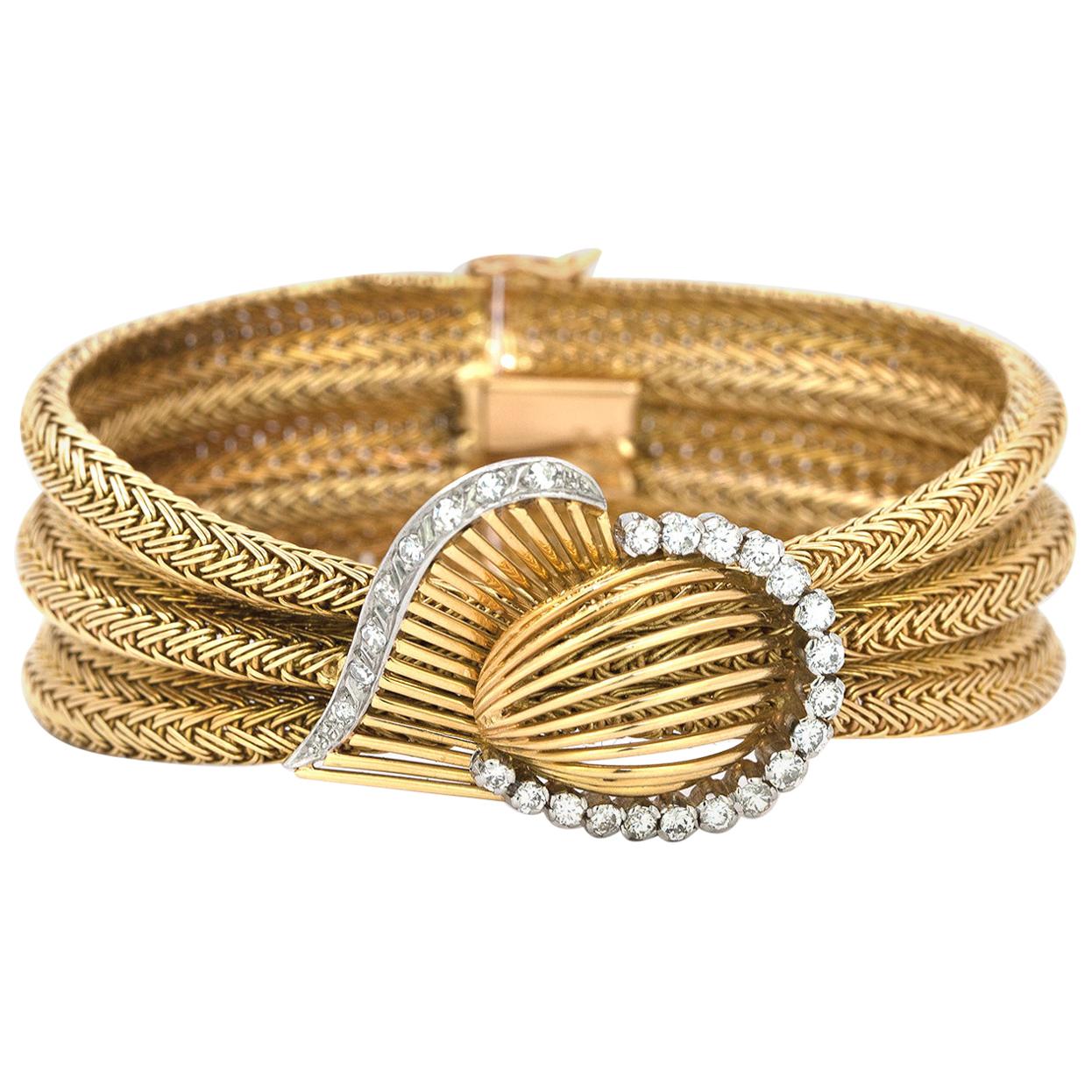 18 Karat Gelbgold und Diamant Retro Mesh Manschettenarmband, 1970er Jahre