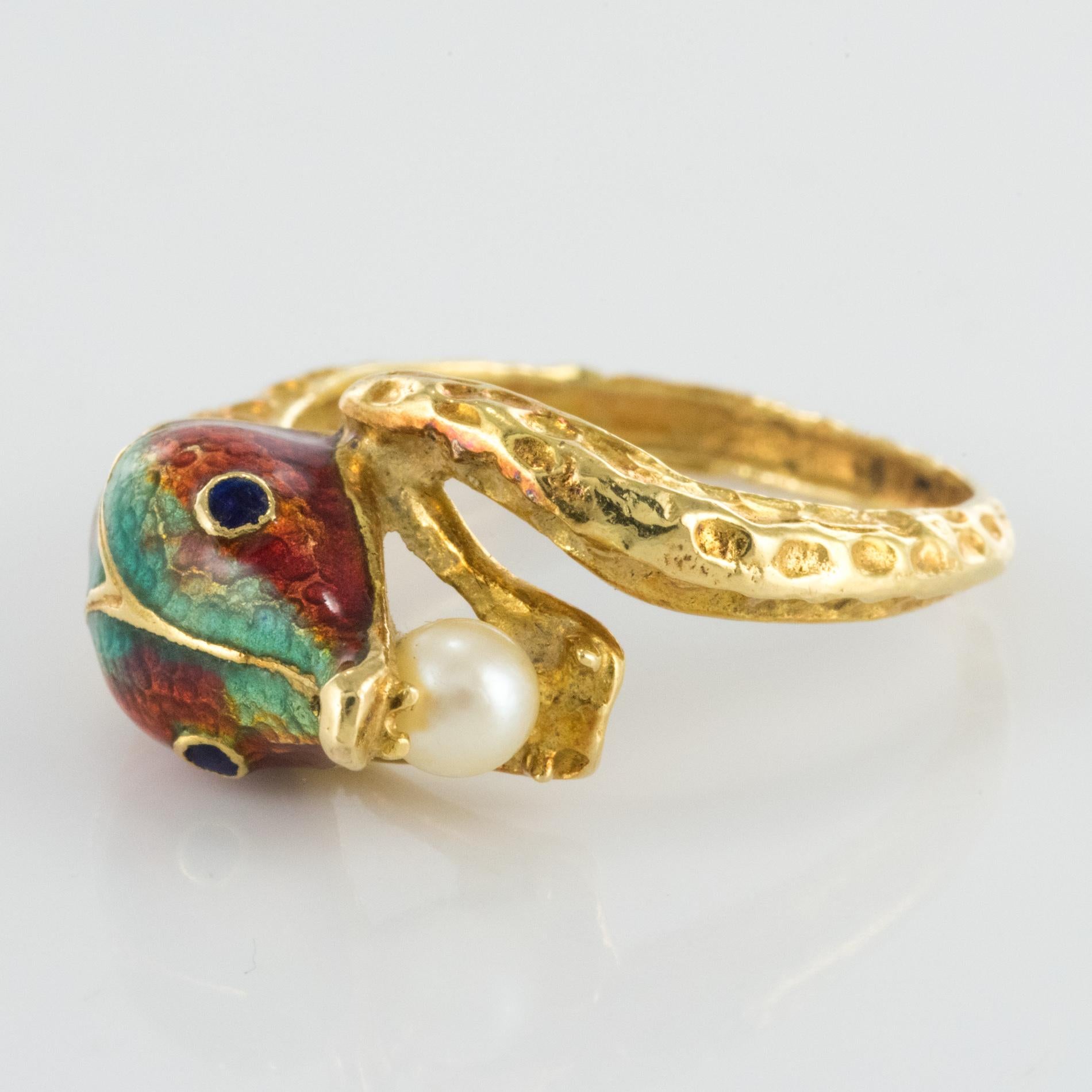 1970s 18 Karat Yellow Gold Cultured Pearl Enamel Snake Ring 5