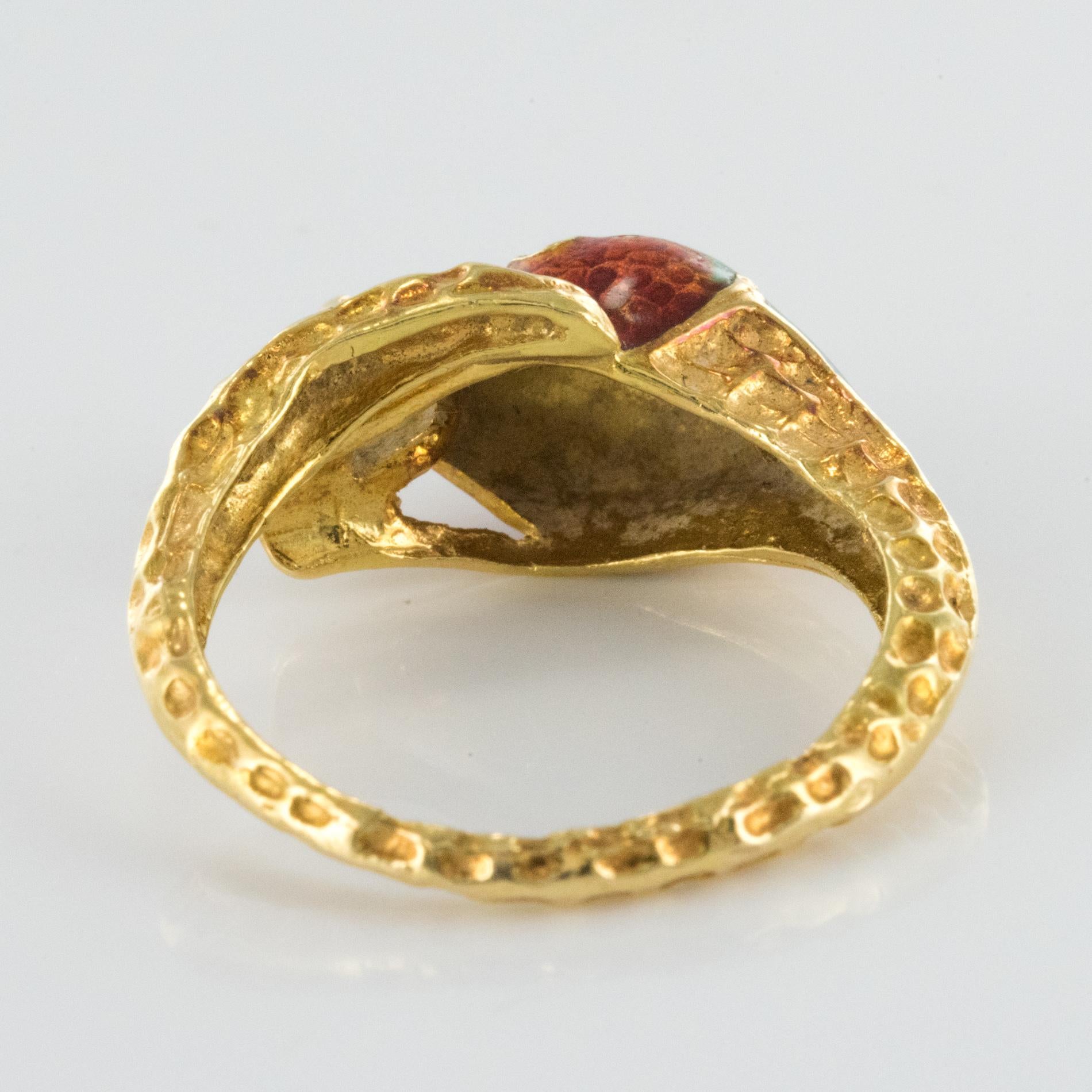 1970s 18 Karat Yellow Gold Cultured Pearl Enamel Snake Ring 6