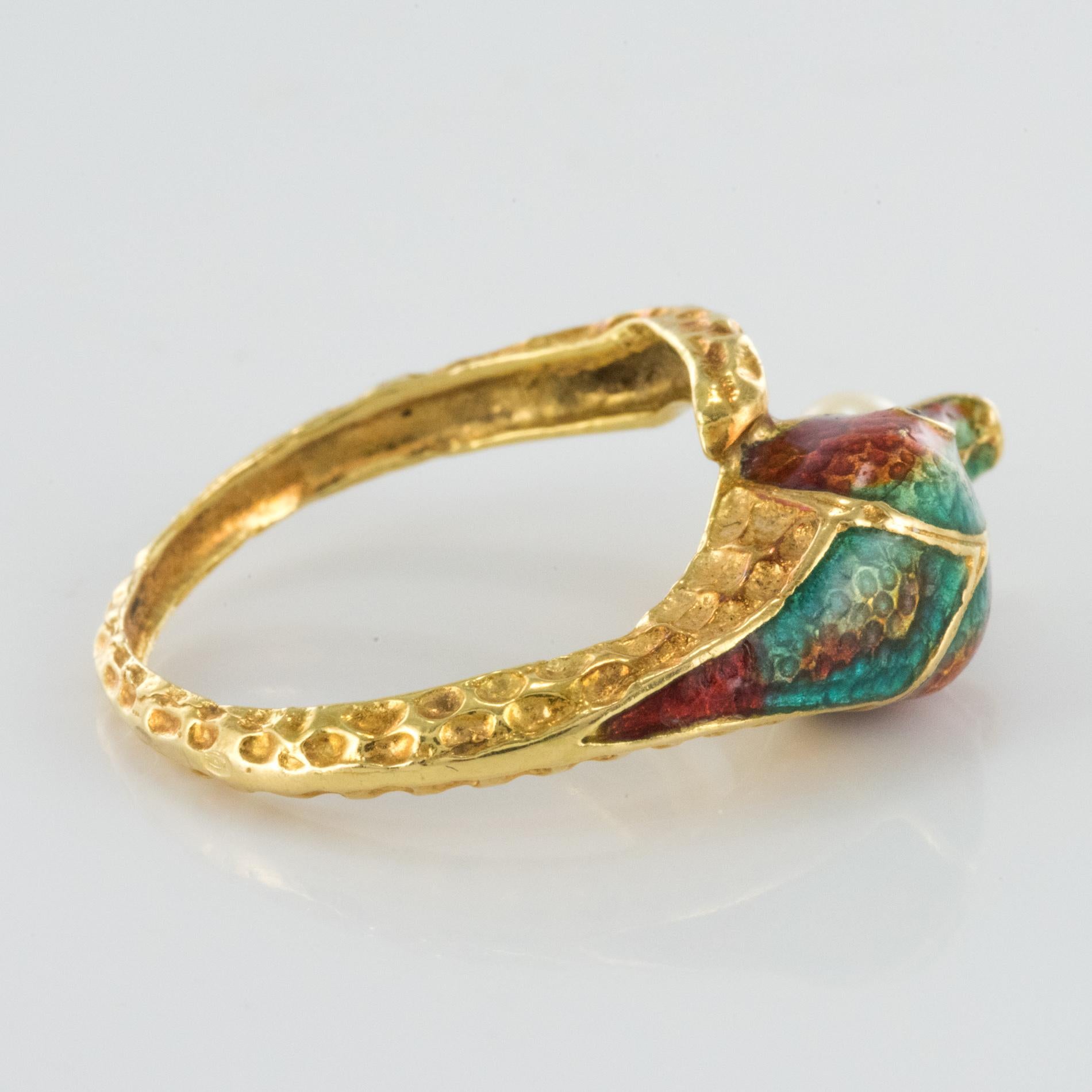 1970s 18 Karat Yellow Gold Cultured Pearl Enamel Snake Ring 7