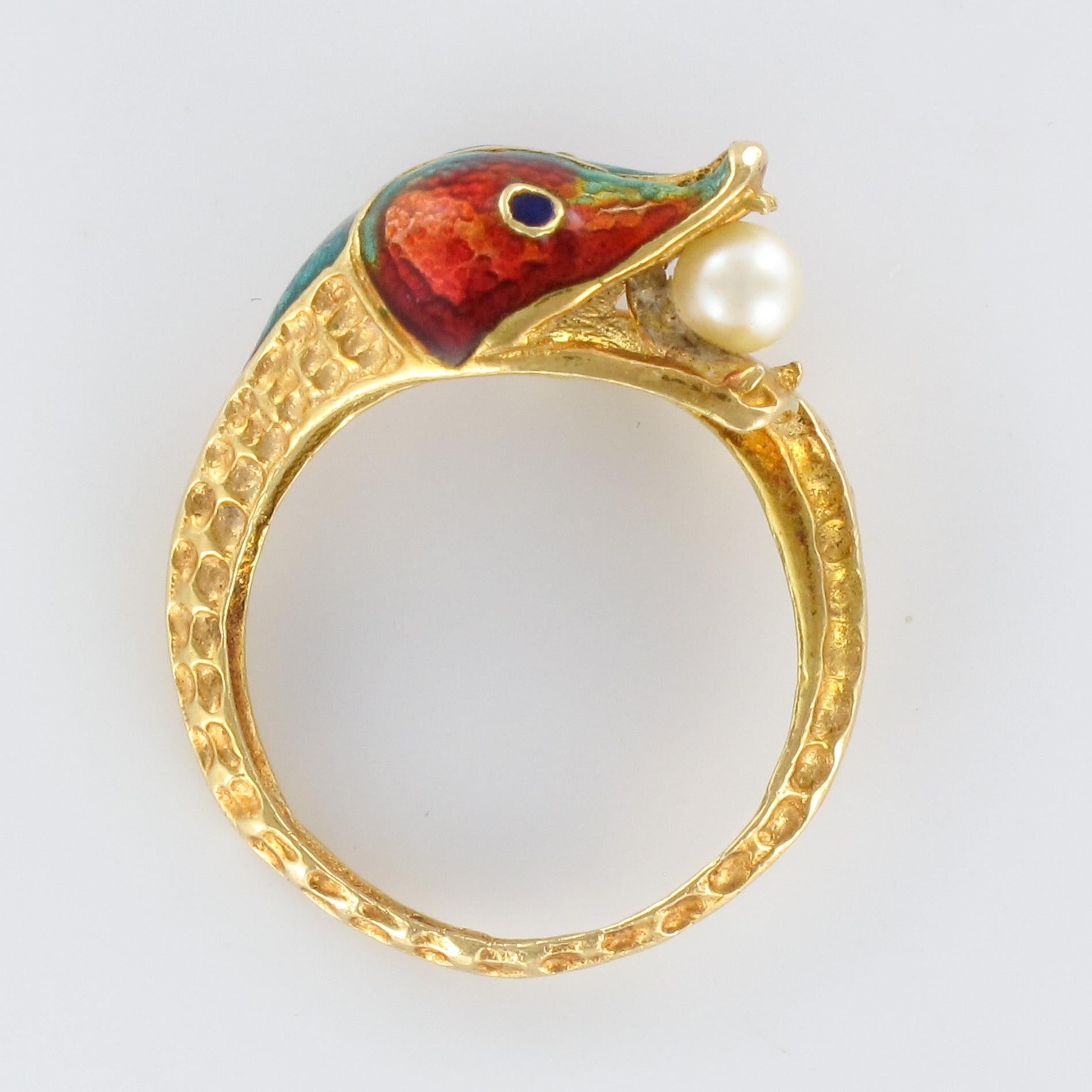 1970s 18 Karat Yellow Gold Cultured Pearl Enamel Snake Ring 8