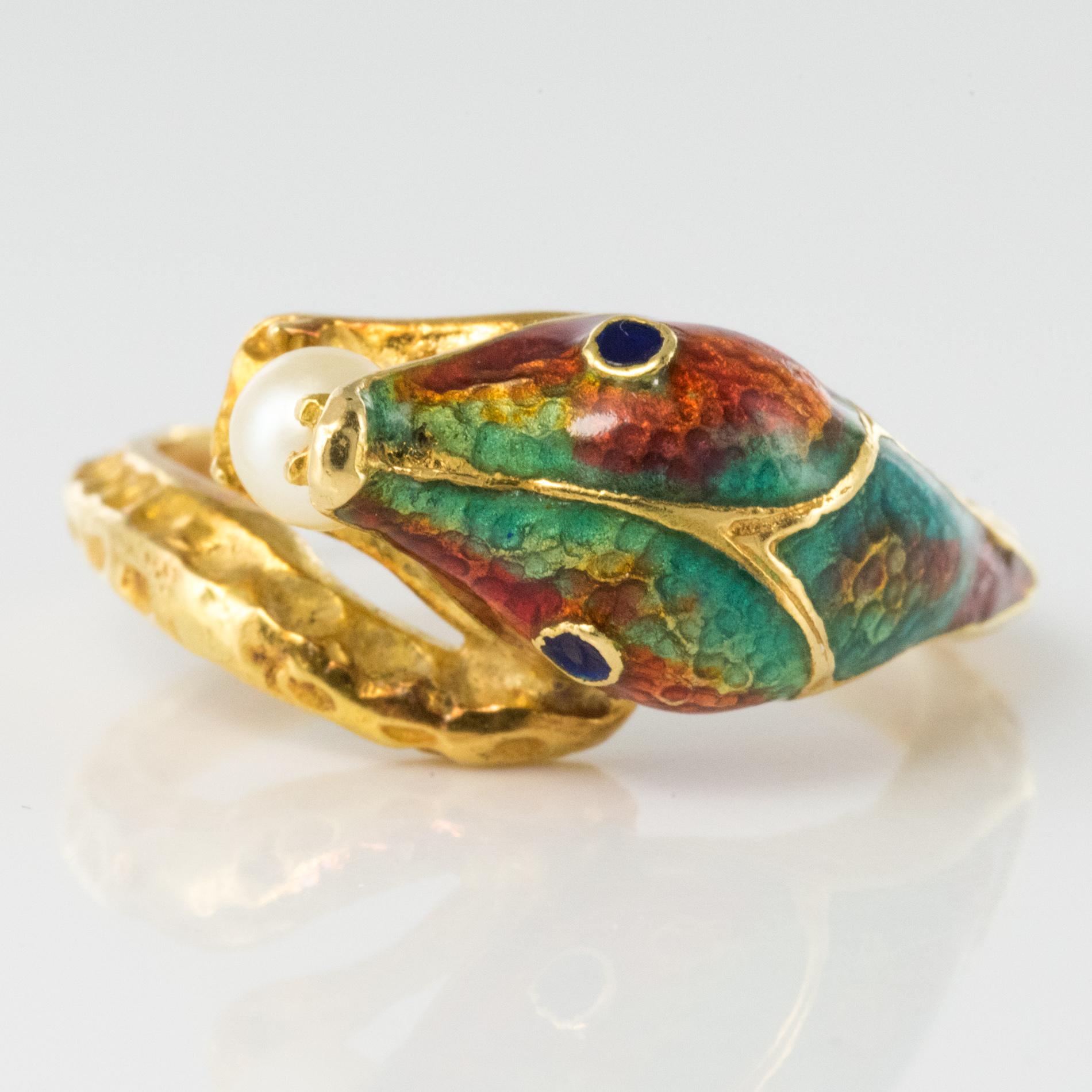 1970s 18 Karat Yellow Gold Cultured Pearl Enamel Snake Ring 9