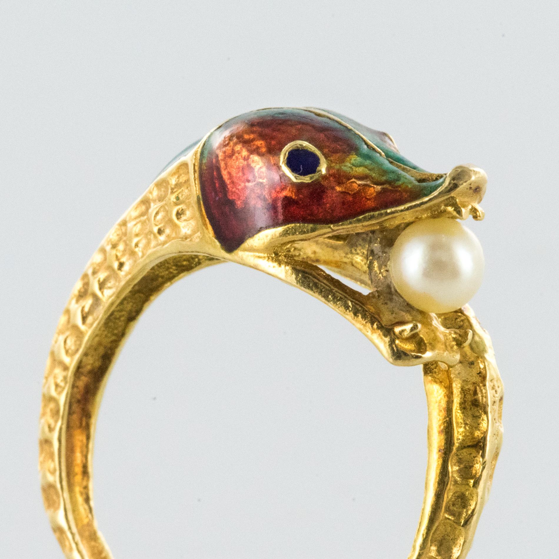 Women's 1970s 18 Karat Yellow Gold Cultured Pearl Enamel Snake Ring