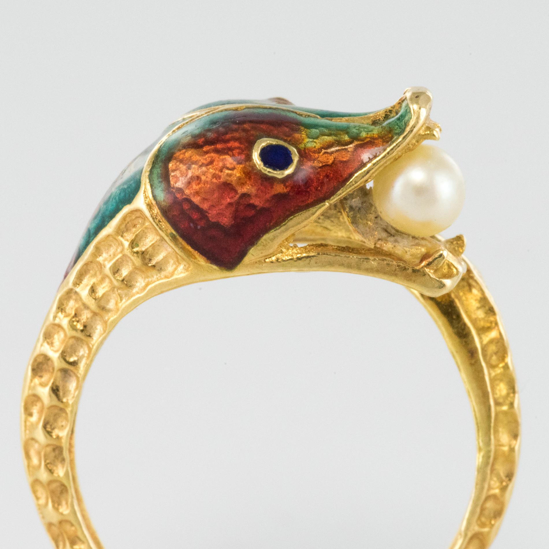 1970s 18 Karat Yellow Gold Cultured Pearl Enamel Snake Ring 3