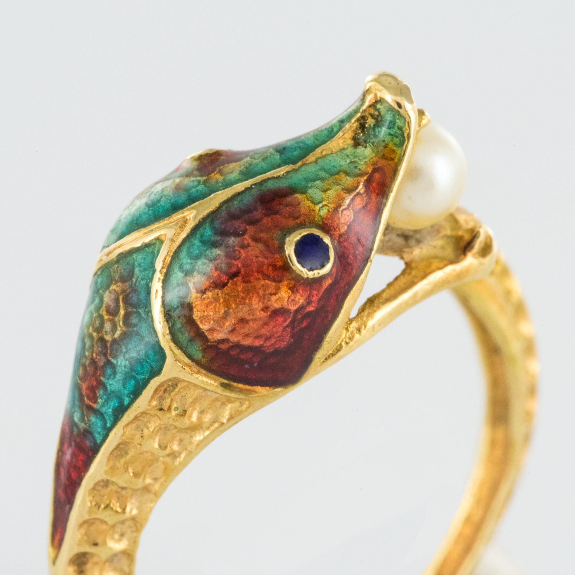 1970s 18 Karat Yellow Gold Cultured Pearl Enamel Snake Ring 4