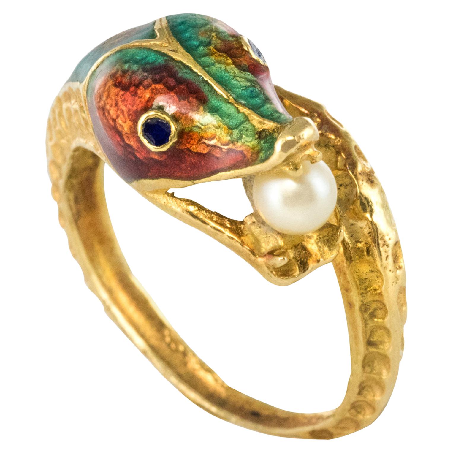 1970s 18 Karat Yellow Gold Cultured Pearl Enamel Snake Ring