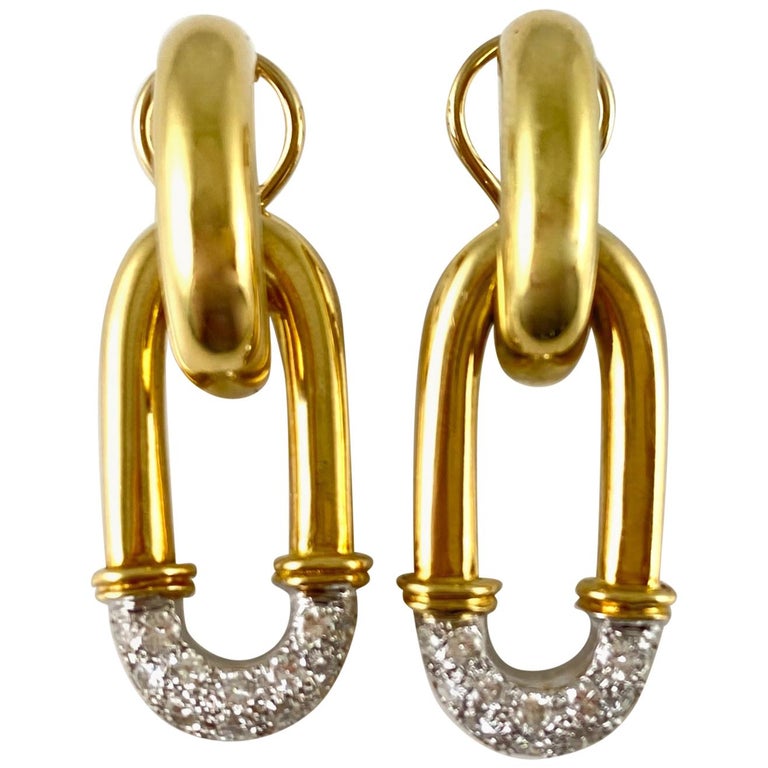 1970s 18 Karat Yellow Gold Drop Two Links Diamonds Earring at 1stDibs