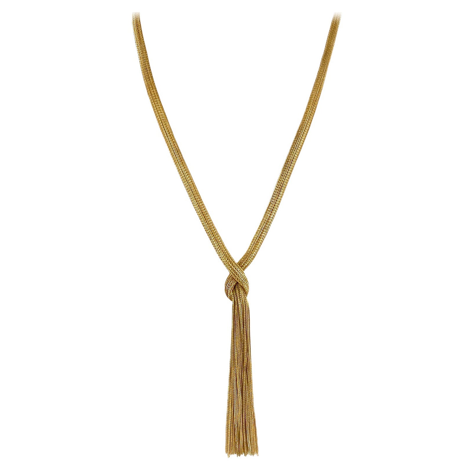1970
s 18 Karat Yellow Gold Knot Tassel Drop Vintage Necklace Signed Grosse