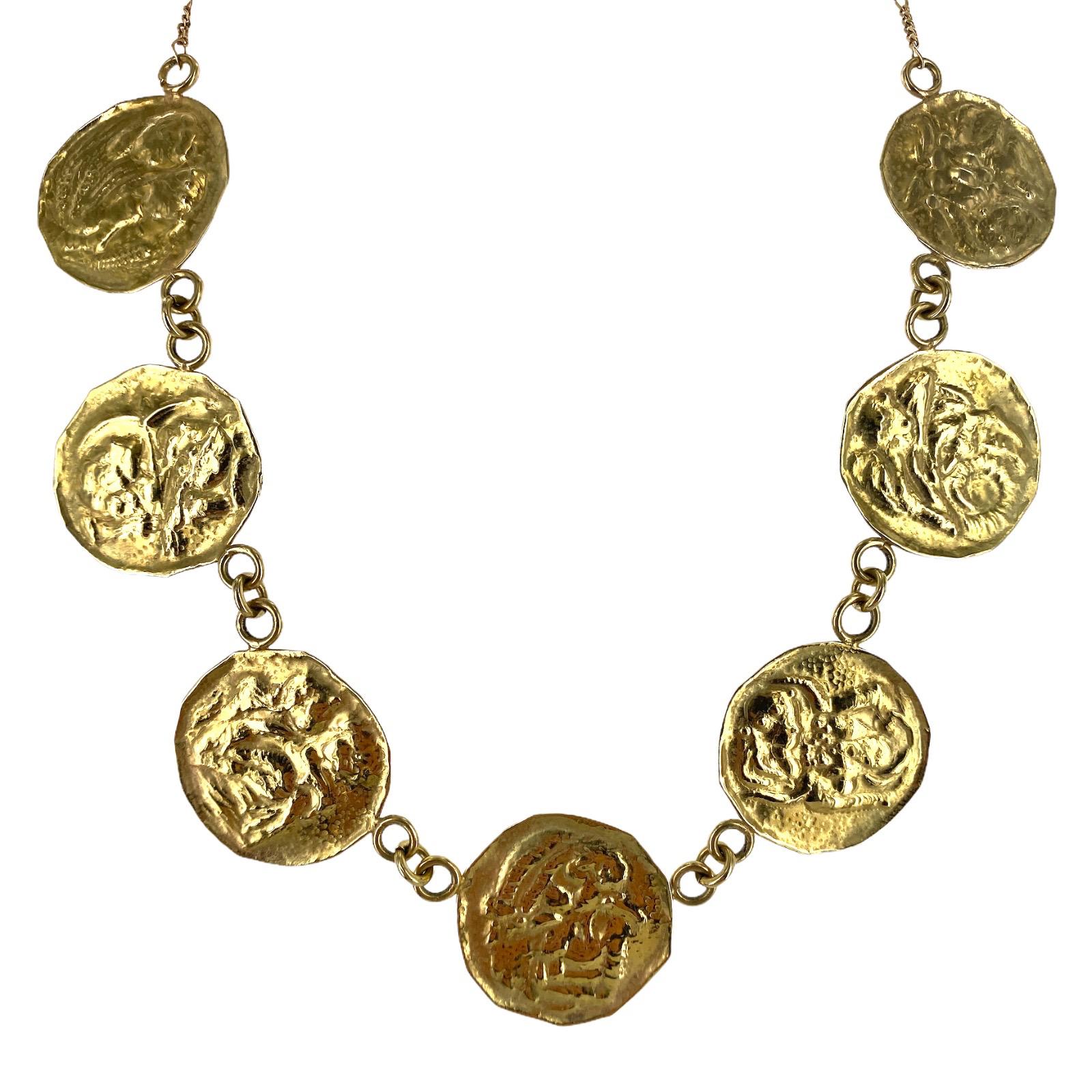 Modern 1970s 18 Karat Yellow Gold Textured Disc Link Statement Vintage Necklace