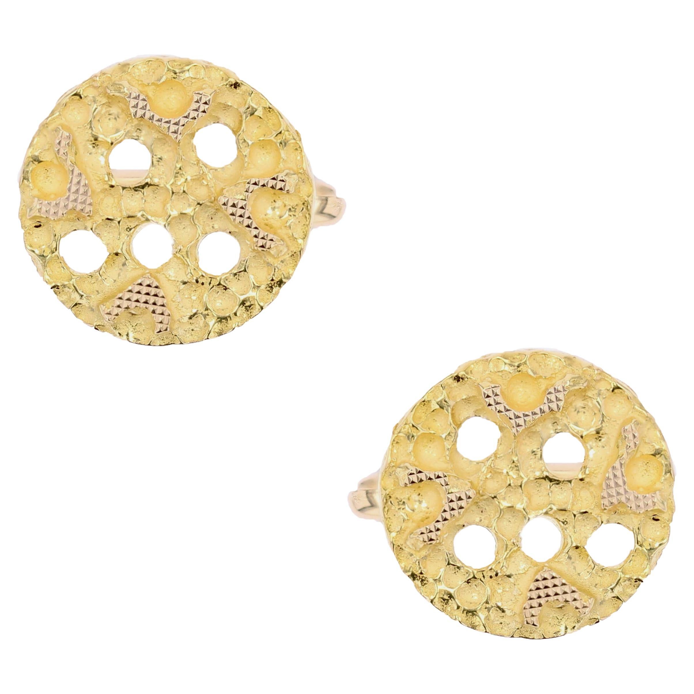 1970s 18 Karat Yellow Textured Gold Round Cufflinks