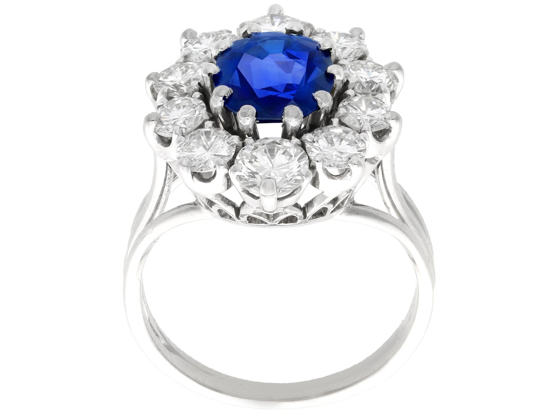 1970s 1.84 Carat Oval Cut Burmese Sapphire and 2.35 Carat Diamond Cluster Ring For Sale 1
