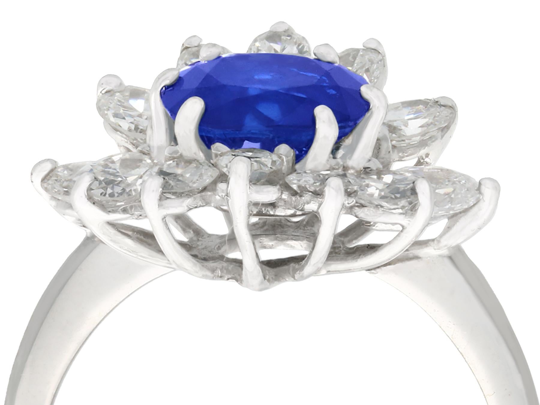 A stunning, fine and impressive vintage 1.85 carat natural blue sapphire and 1.56 carat diamond, 18 karat white gold dress ring: part our jewelry and estate jewelry collection.

This stunning vintage French sapphire ring has been crafted in 18k