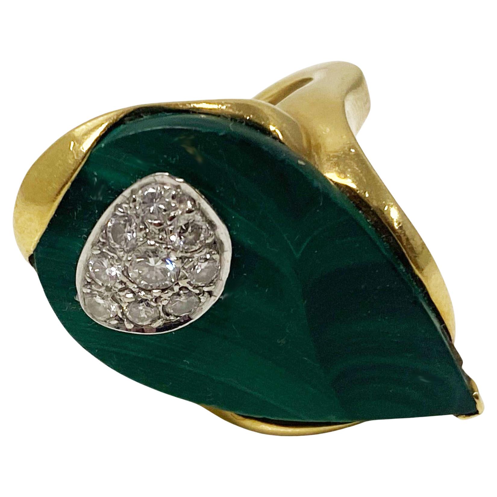 Modernist 1970's 18ct Malachite Diamond Ring possibly English For Sale