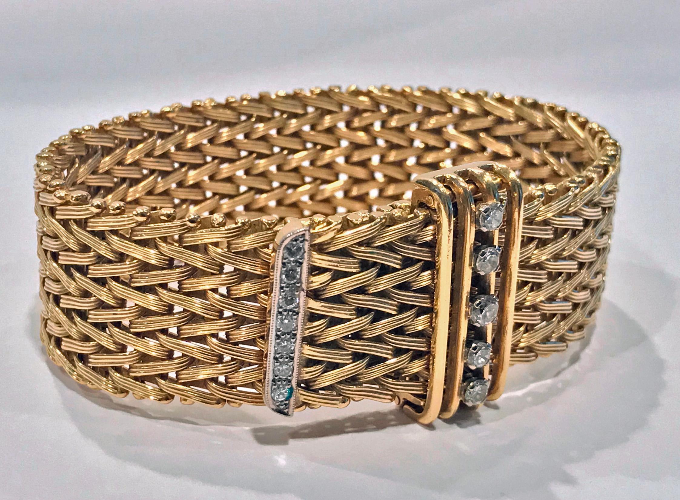 18K and Diamond mesh link wide adjustable Bracelet. The textured mesh links terminating with adjustable diamond clasp. The hinged buckle clasp allows to be worn from under 6 inches to maximum of 8 inches. Twelve round cut diamonds, total weight