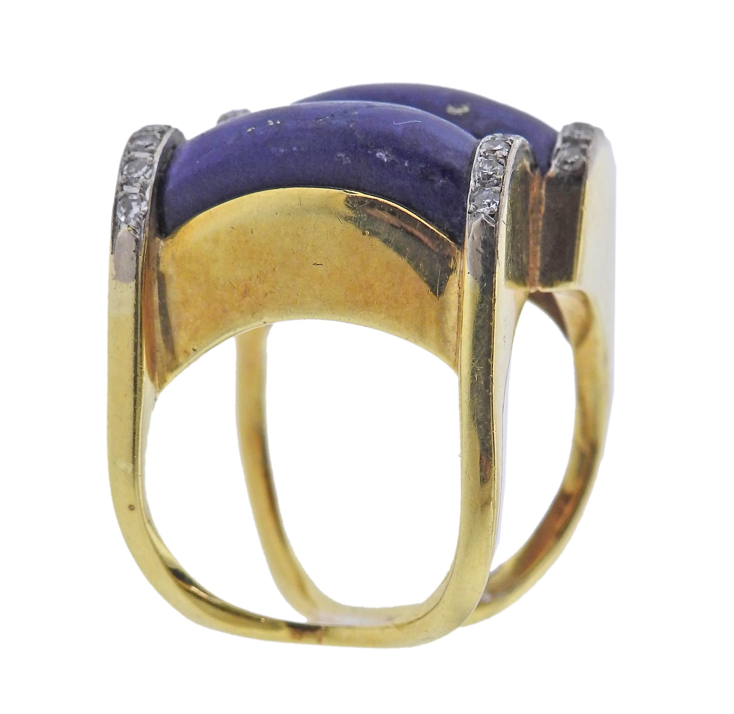 Round Cut 1970s 18k Gold Lapis Diamond Ring For Sale