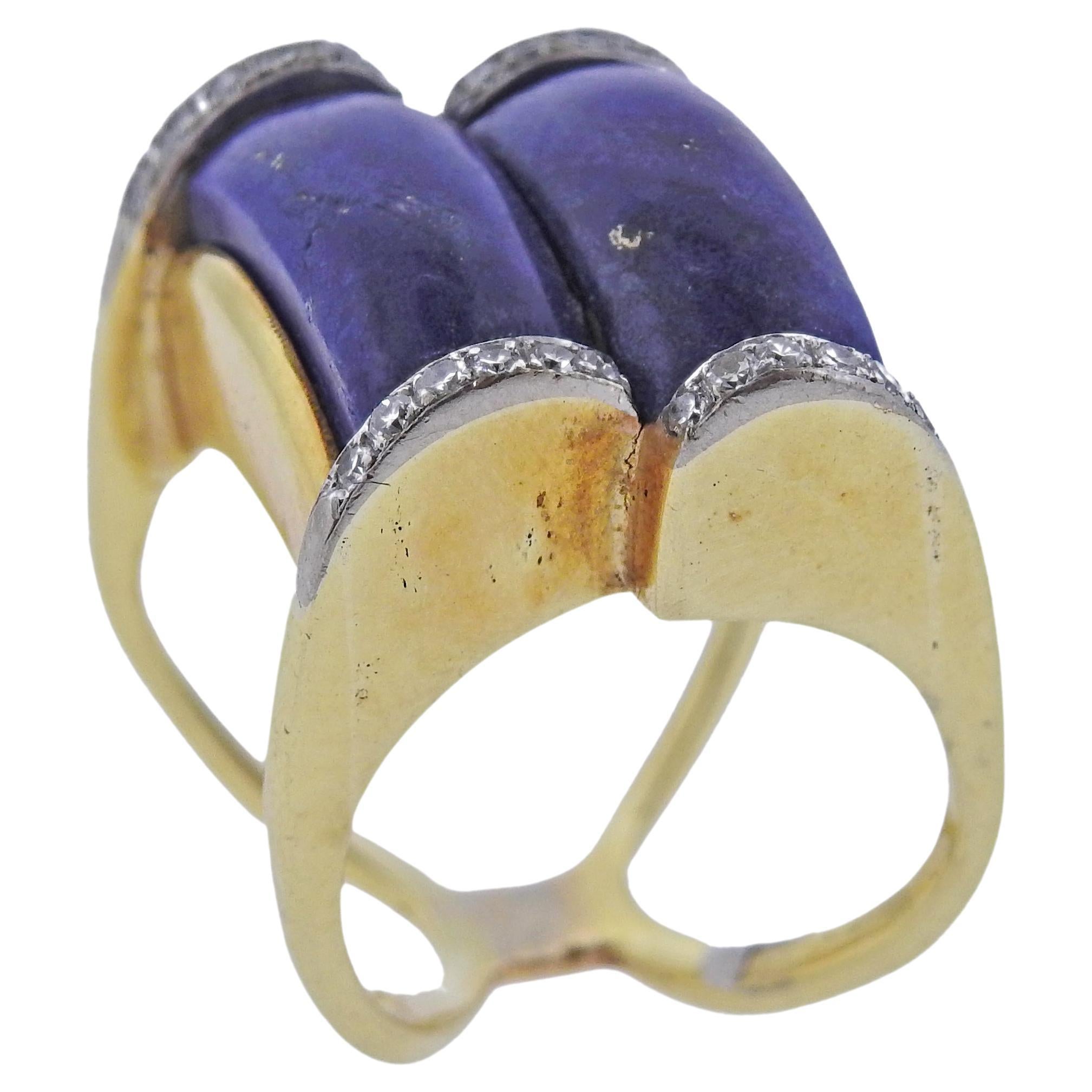 1970s 18k Gold Lapis Diamond Ring For Sale