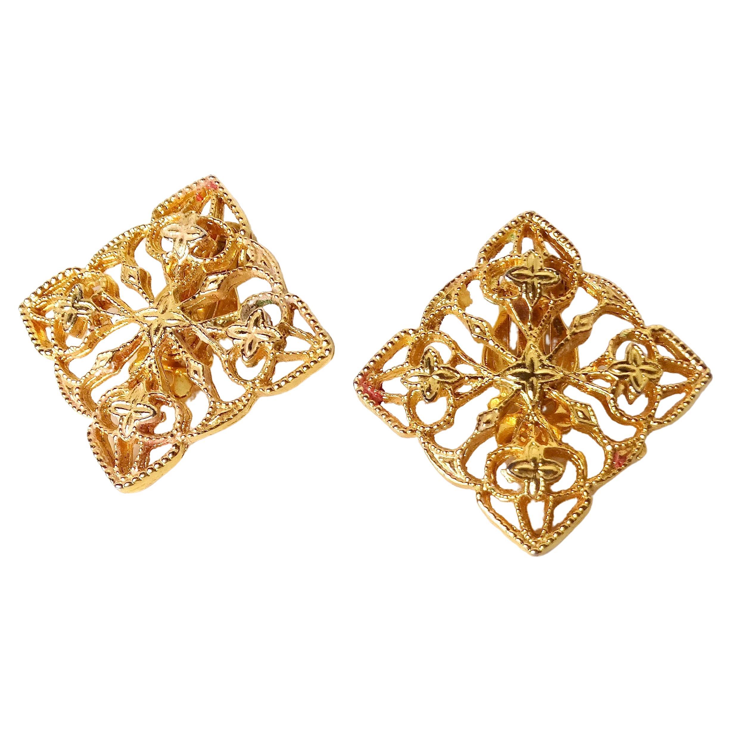 1970s 18k Gold Plated Filigree Detailed Clip-On Earrings