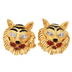 1970s 18k Tiger Diamond, Ruby & Enamel  Gold Cufflinks