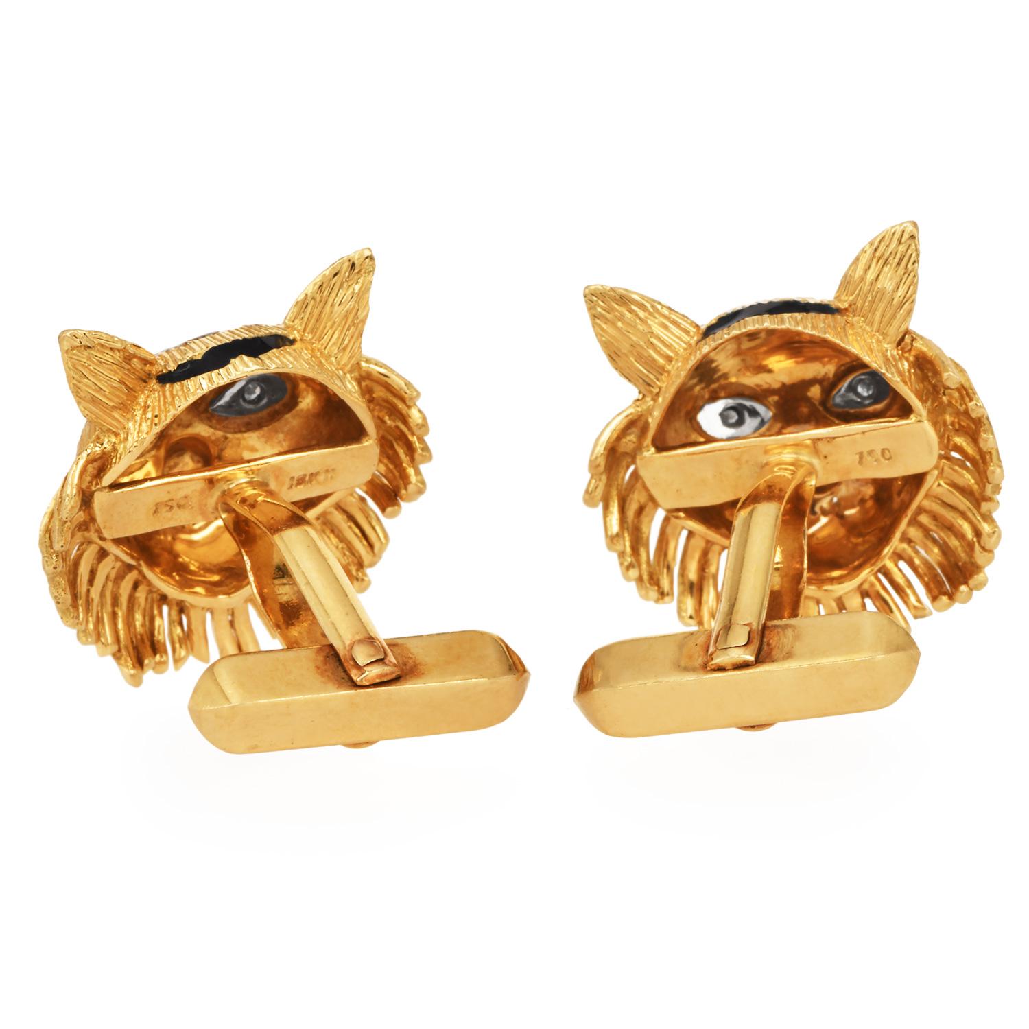De los hombres Diamante Tigre de 18 quilates, rubí y esmalte de los años 70  Gemelos de oro en venta