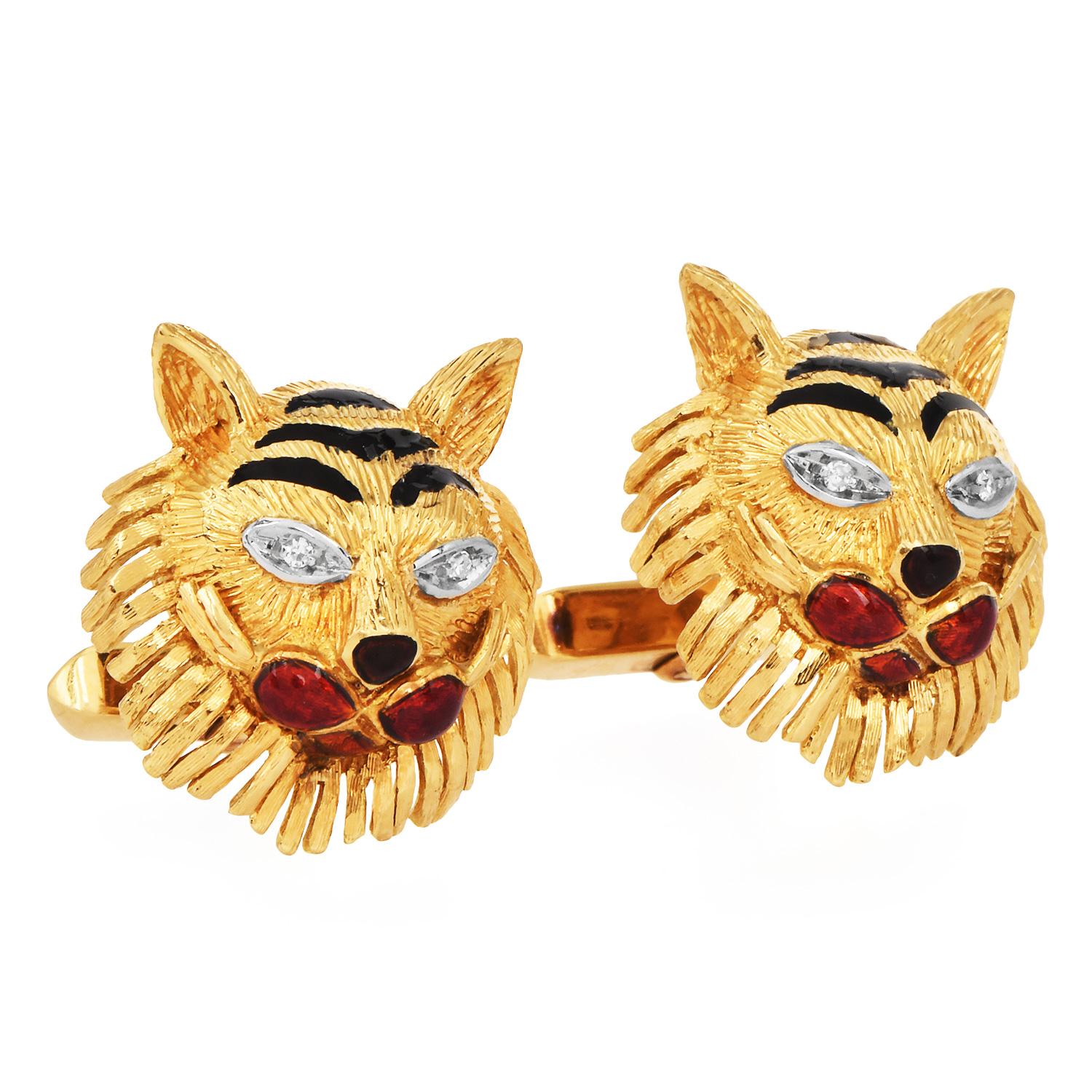 Diamante Tigre de 18 quilates, rubí y esmalte de los años 70  Gemelos de oro en venta 1