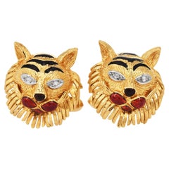 Diamante Tigre de 18 quilates, rubí y esmalte de los años 70  Gemelos de oro