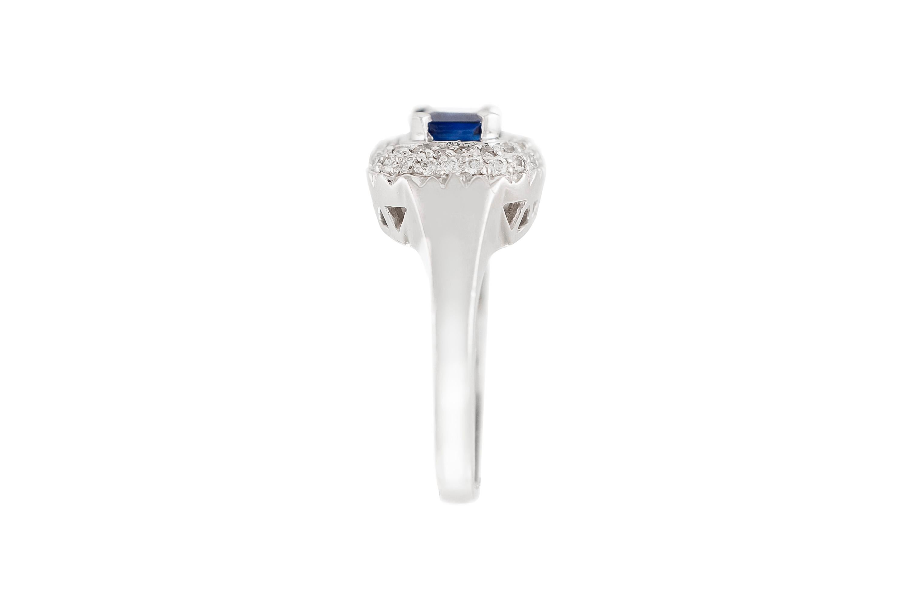 The ring is finely crafted in 18k white gold with center sapphire weighing approximately total of 1.60 carat and diamonds weighing approximately total of  0.80 carat.
Circa 1970.