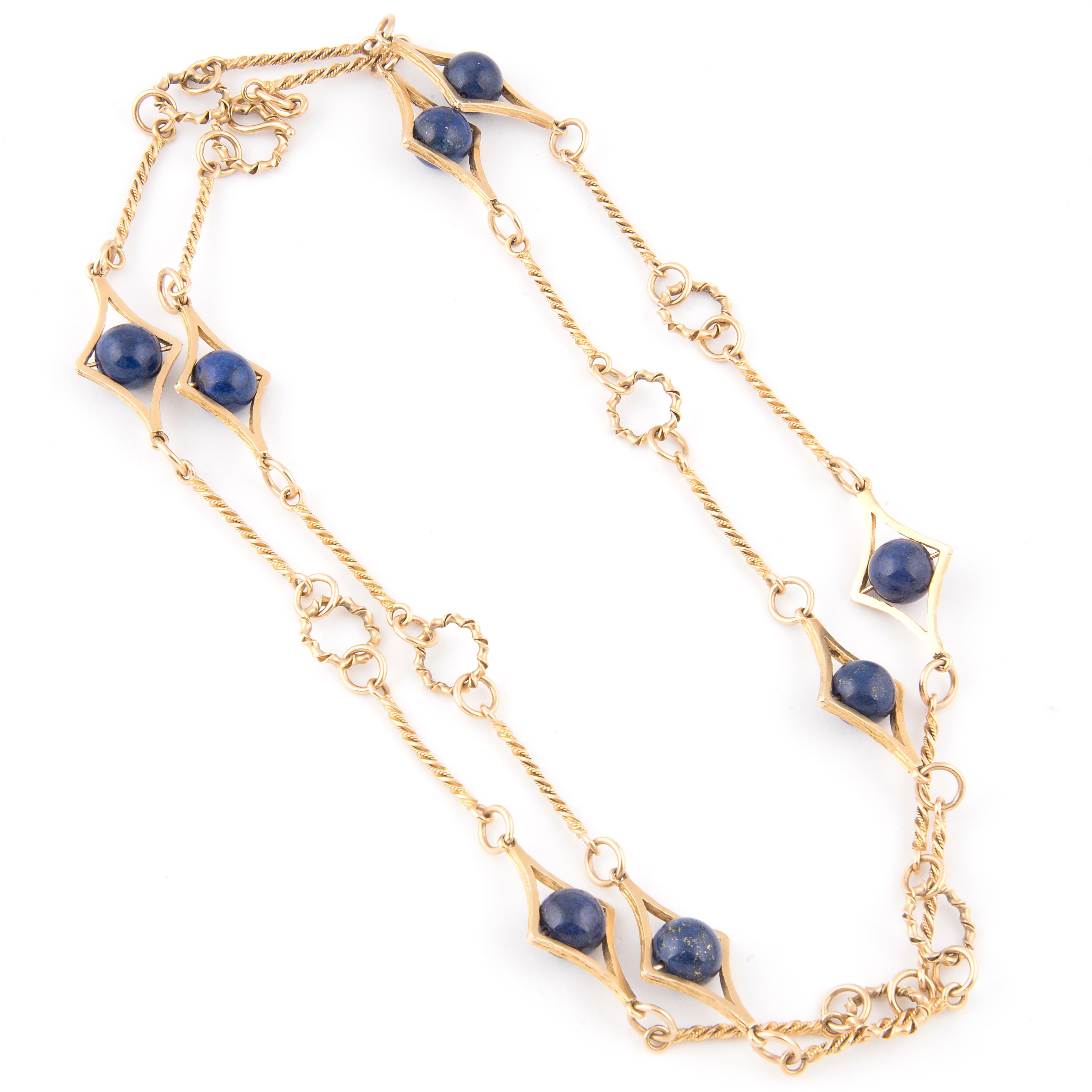 Women's 1970s 18k Yellow Gold and Lapis Lazuli Long Necklace For Sale