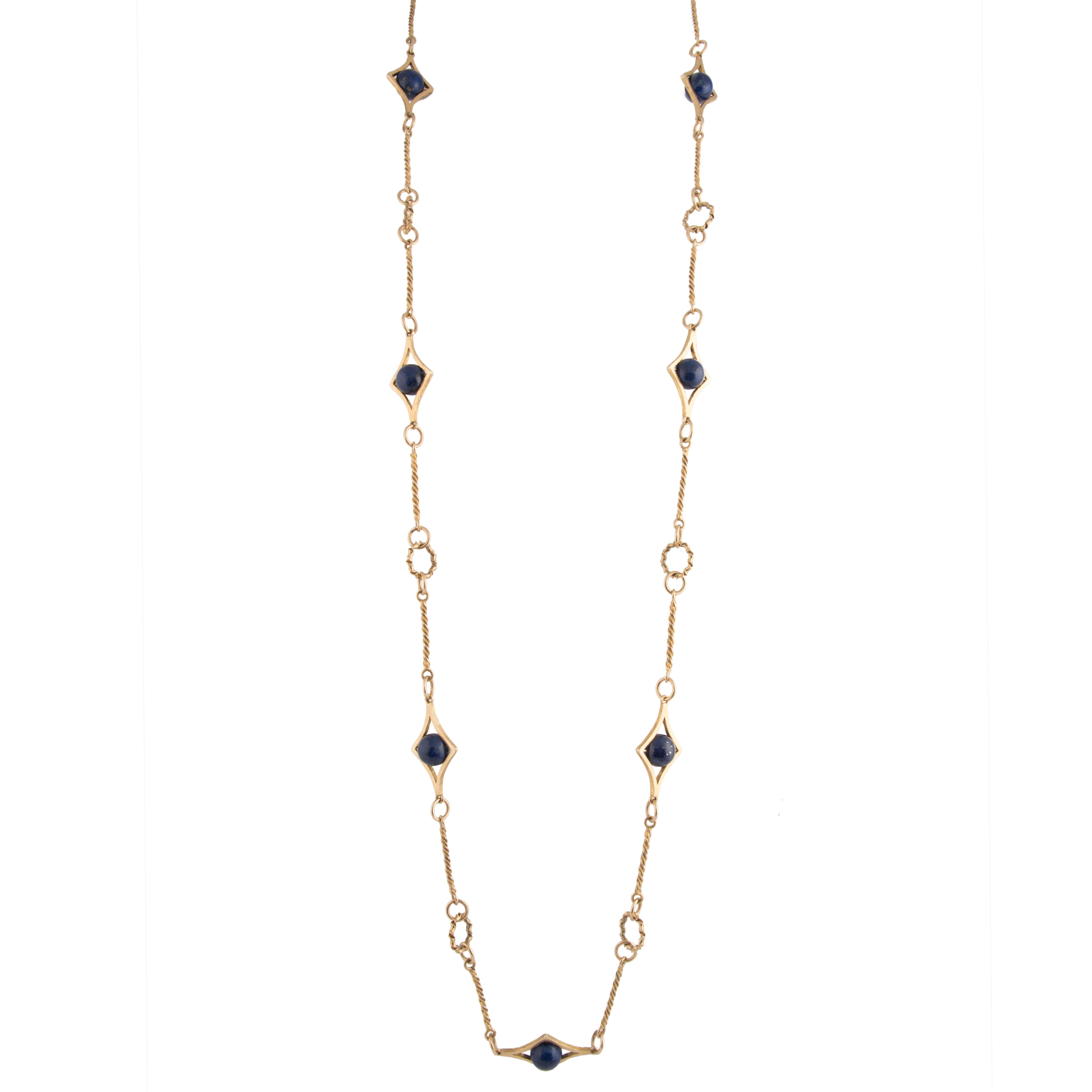 1970s 18k Yellow Gold and Lapis Lazuli Long Necklace For Sale