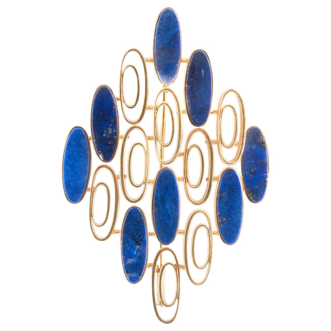 1970s 18k Yellow Gold and Lapis Lazuli Pendant Brooch For Sale