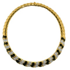 1970's 18K Yellow Gold, Black Enamel and Diamond Choker Necklace