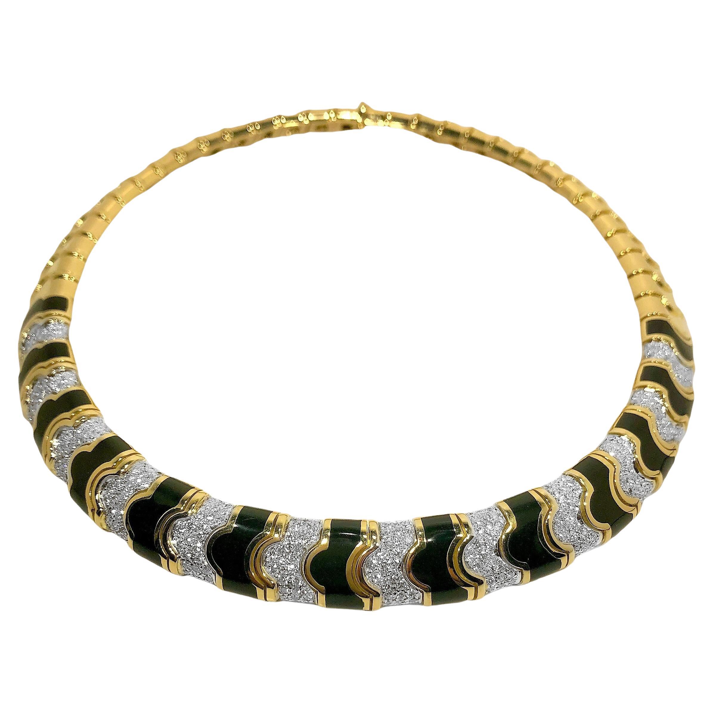 1970's 18K Yellow Gold, Black Enamel and Diamond Choker Necklace