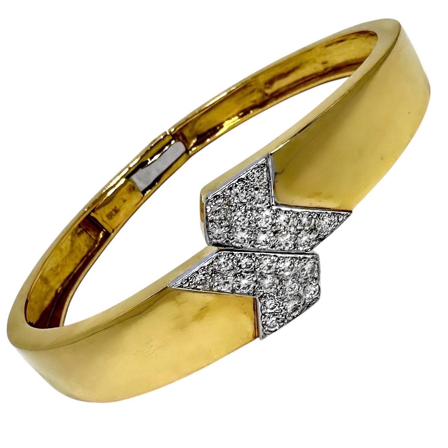 1970s 18K Yellow Gold Bypass Bangle Bracelet with Diamond Encrusted Tips