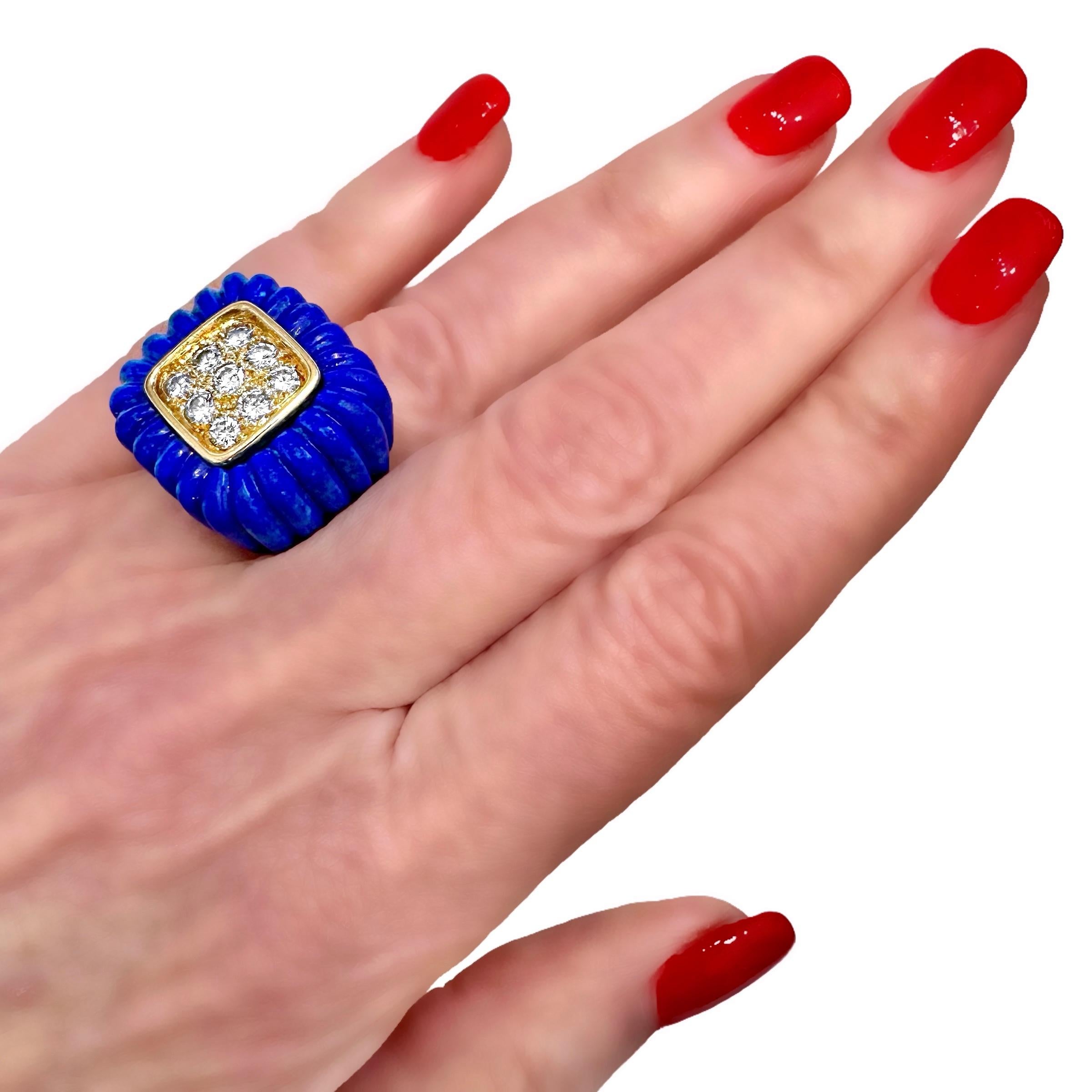 1970's 18K Yellow Gold, Diamond & Vivid Blue, Fluted, Lapis-Lazuli Cocktail Ring For Sale 5