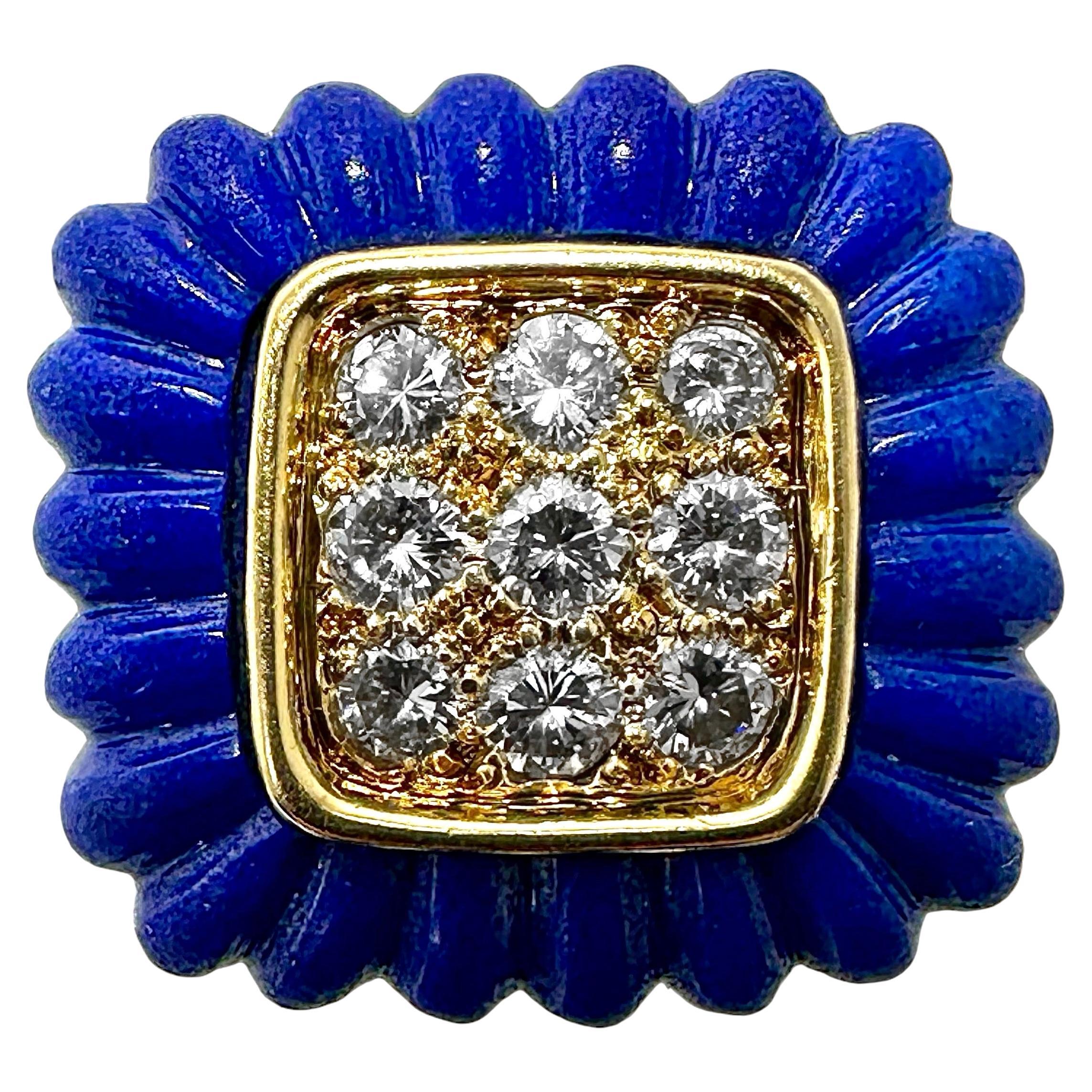 1970's 18K Yellow Gold, Diamond & Vivid Blue, Fluted, Lapis-Lazuli Cocktail Ring For Sale
