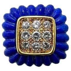 Bague de cocktail en or jaune 18 carats, diamants et lapis-lazuli bleu vif, cannelé, des années 1970