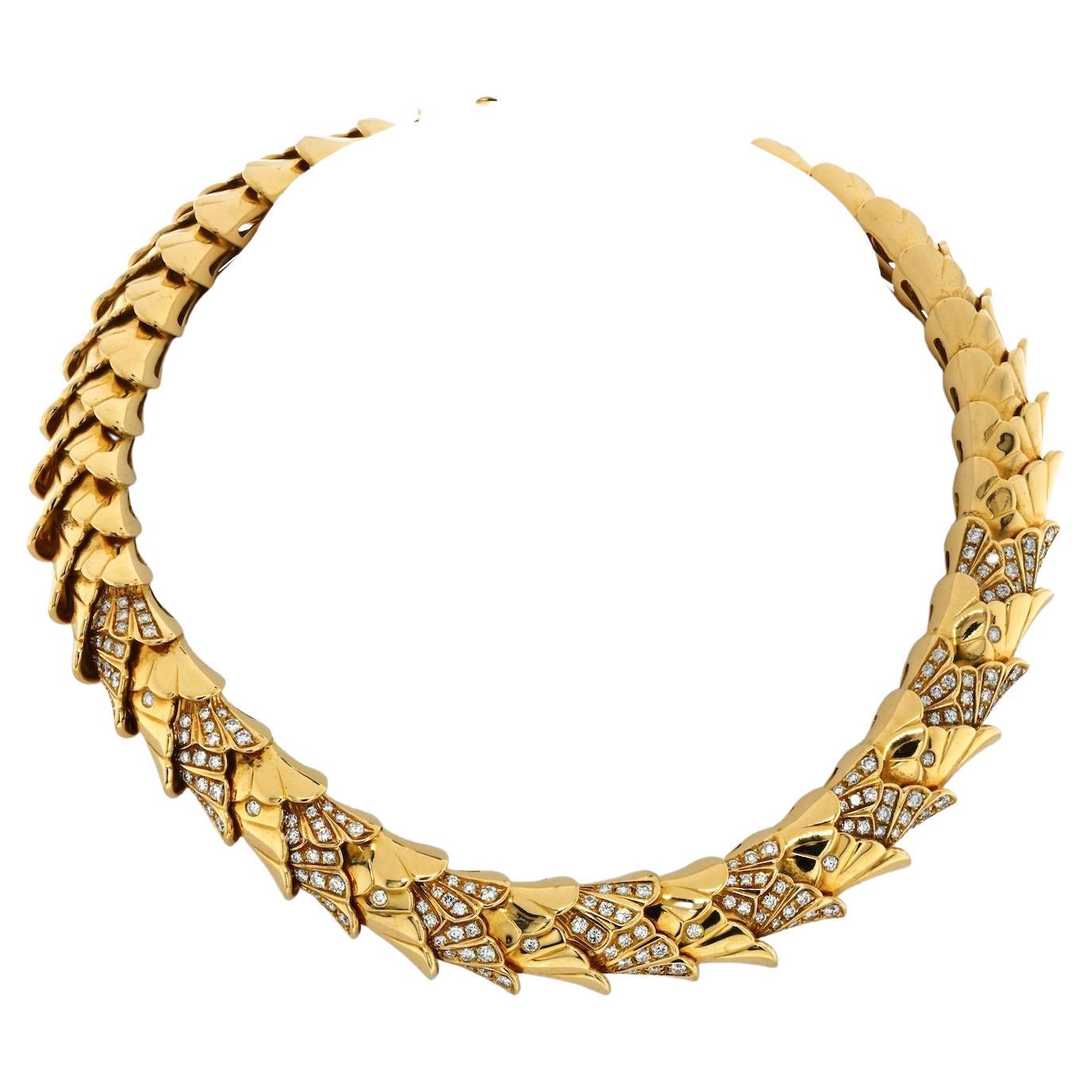 1970's 18K Yellow Gold Heavy Scale Diamond Necklace