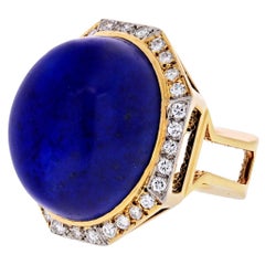 1970s 18 Karat Yellow Gold Large Lapis and Diamond Ring 1970s 18 Karat Yellow Gold Large Lapis and Diamond Ring