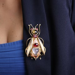 1970s 18kt Gold Bee Brooch Pendant Diamond Ruby Opal Rock Crystal Tourmaline