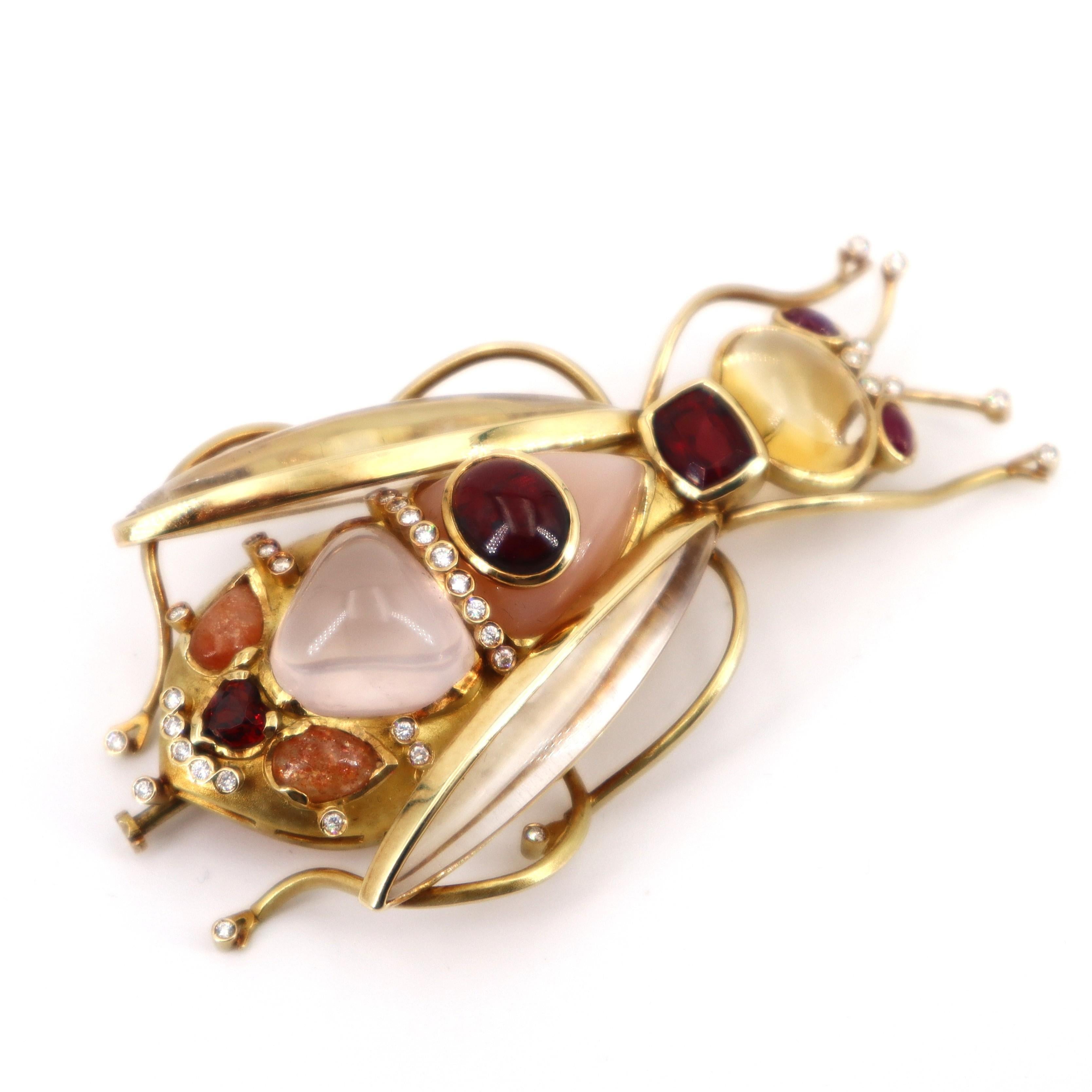 Moderne 1970 Or 18kt Broche Abeille Pendentif Diamant Rubis Opale Cristal de roche Tourmaline en vente