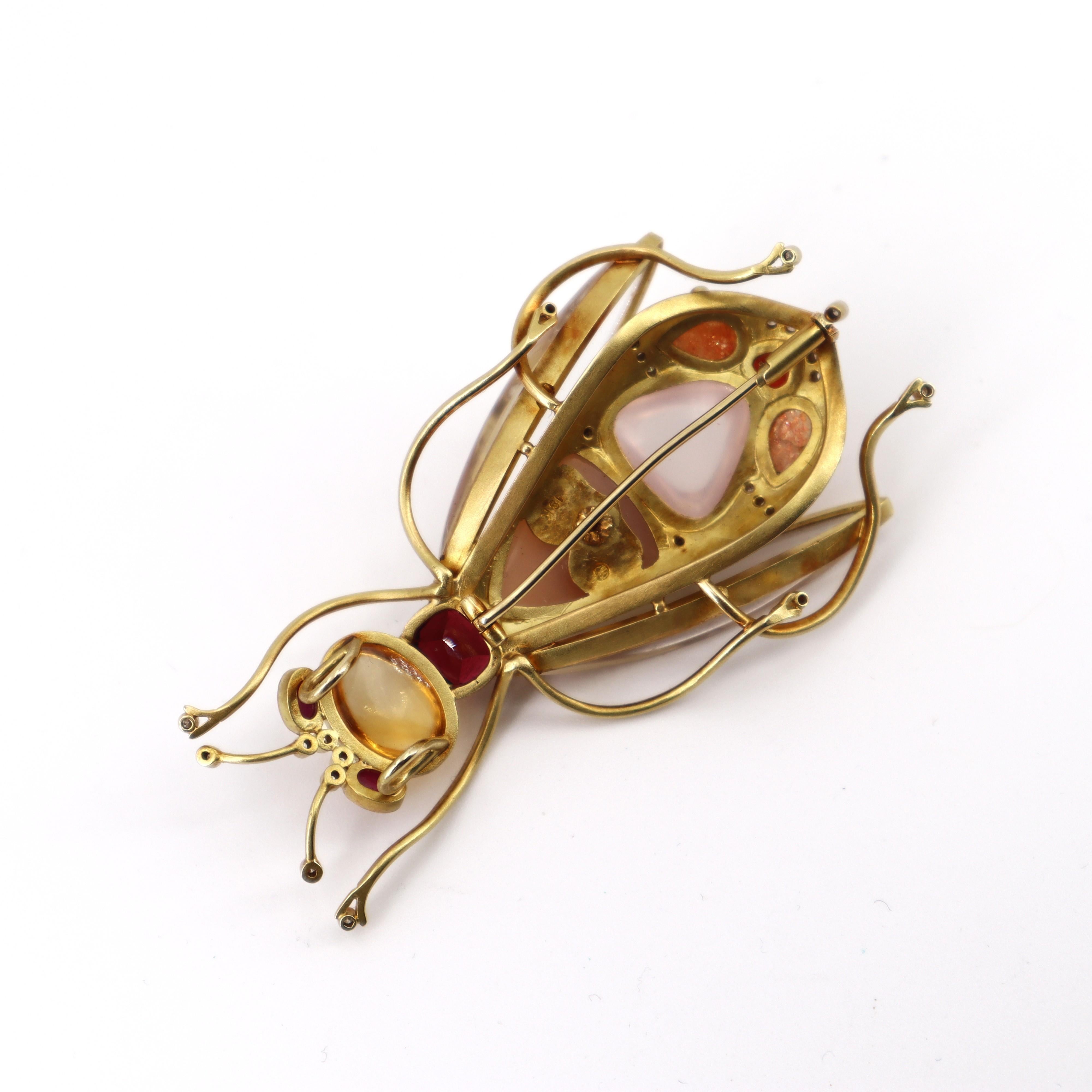 1970 Or 18kt Broche Abeille Pendentif Diamant Rubis Opale Cristal de roche Tourmaline en vente 2