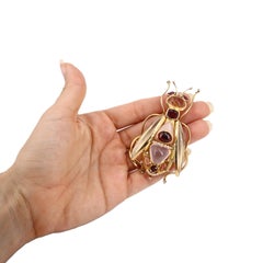 1970s 18kt Gold Bee Brooch Pendant Diamond Ruby Opal Rock Crystal Tourmaline