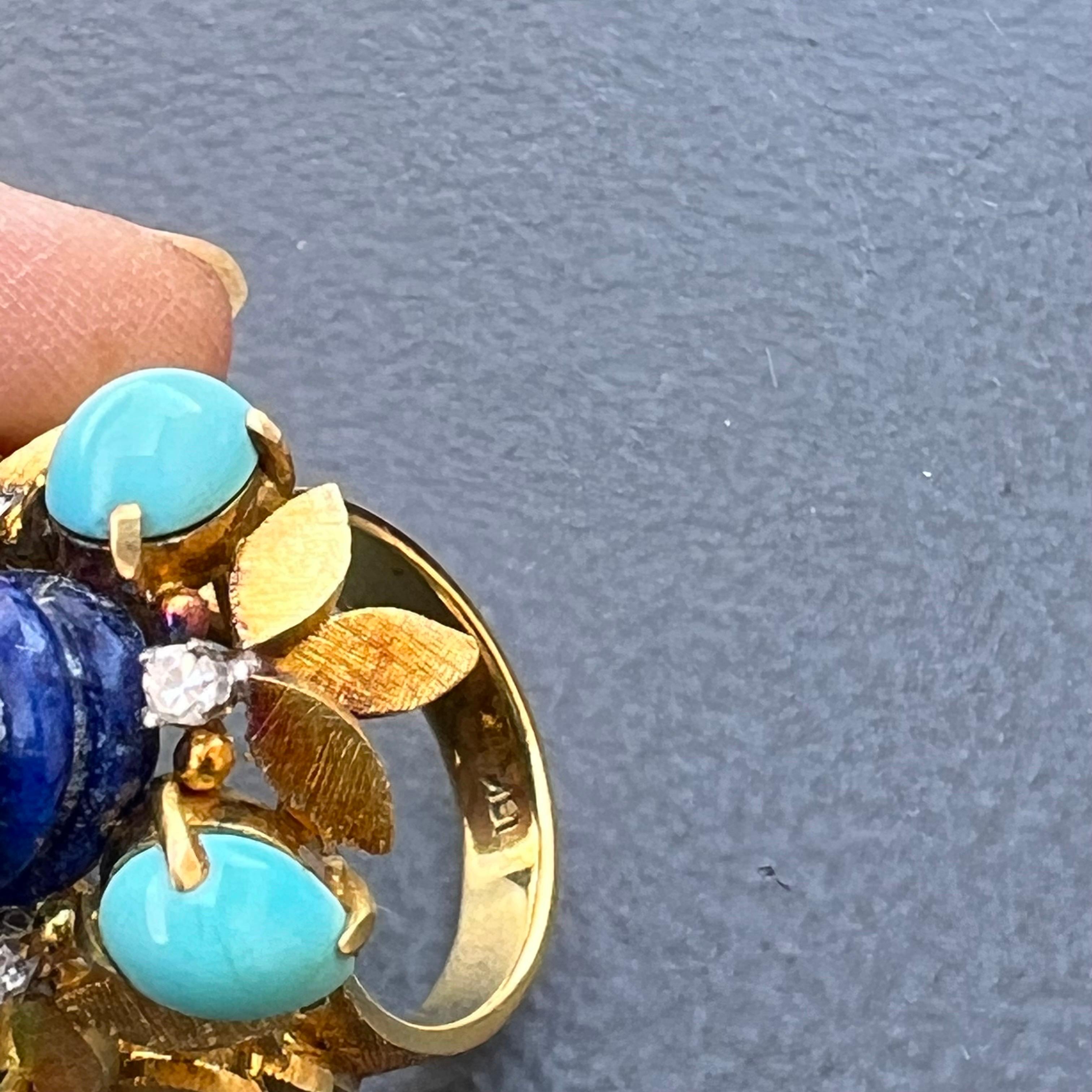 1970s 18 Karat Gold Lapis Diamond and Turquoise Cocktail Ring For Sale 5