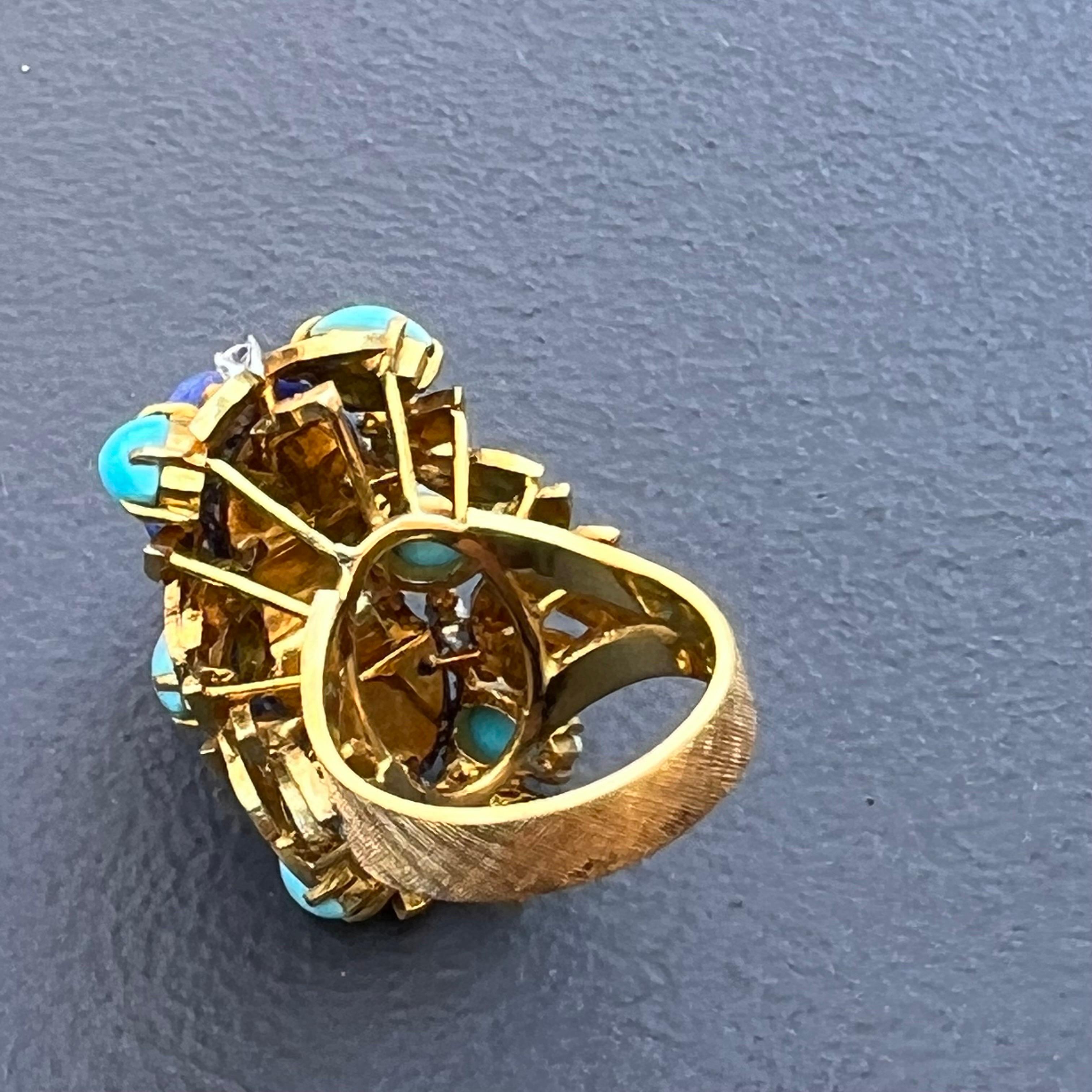 1970s 18 Karat Gold Lapis Diamond and Turquoise Cocktail Ring For Sale 6