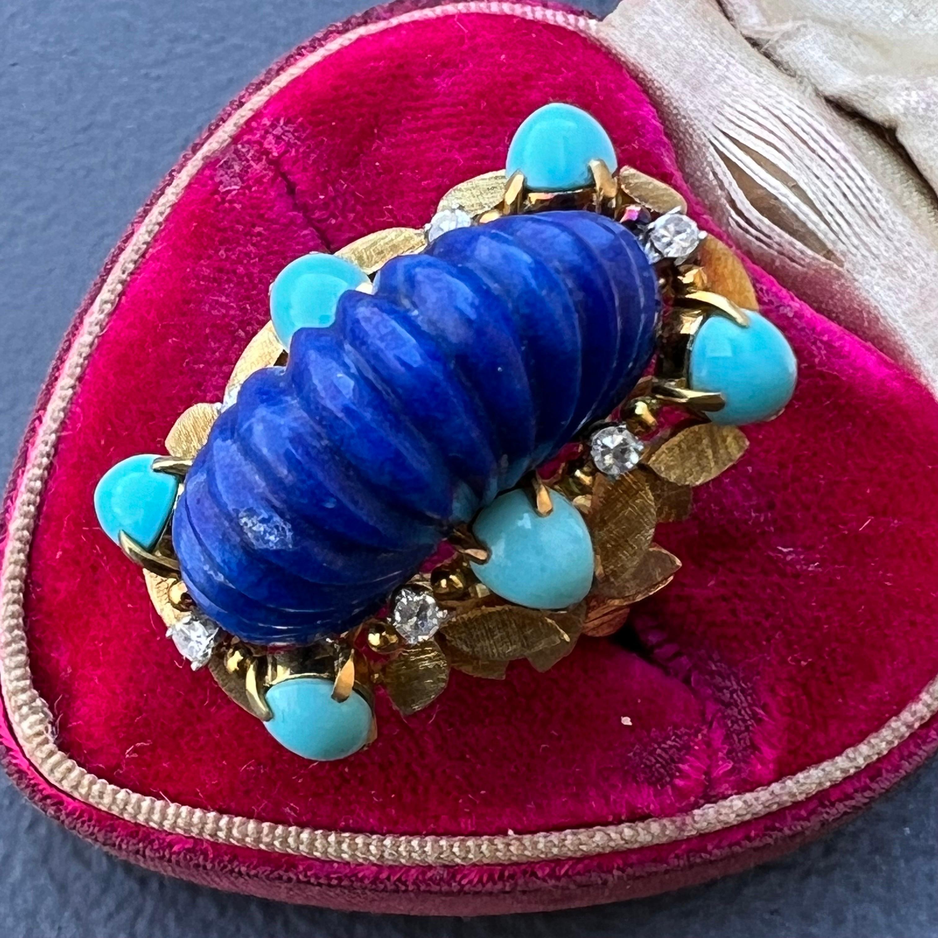 1970s Italian 18 Karat Gold Lapis Lazuli, Persian Turquoise Diamond Ring In Good Condition For Sale In Monroe Township, NJ