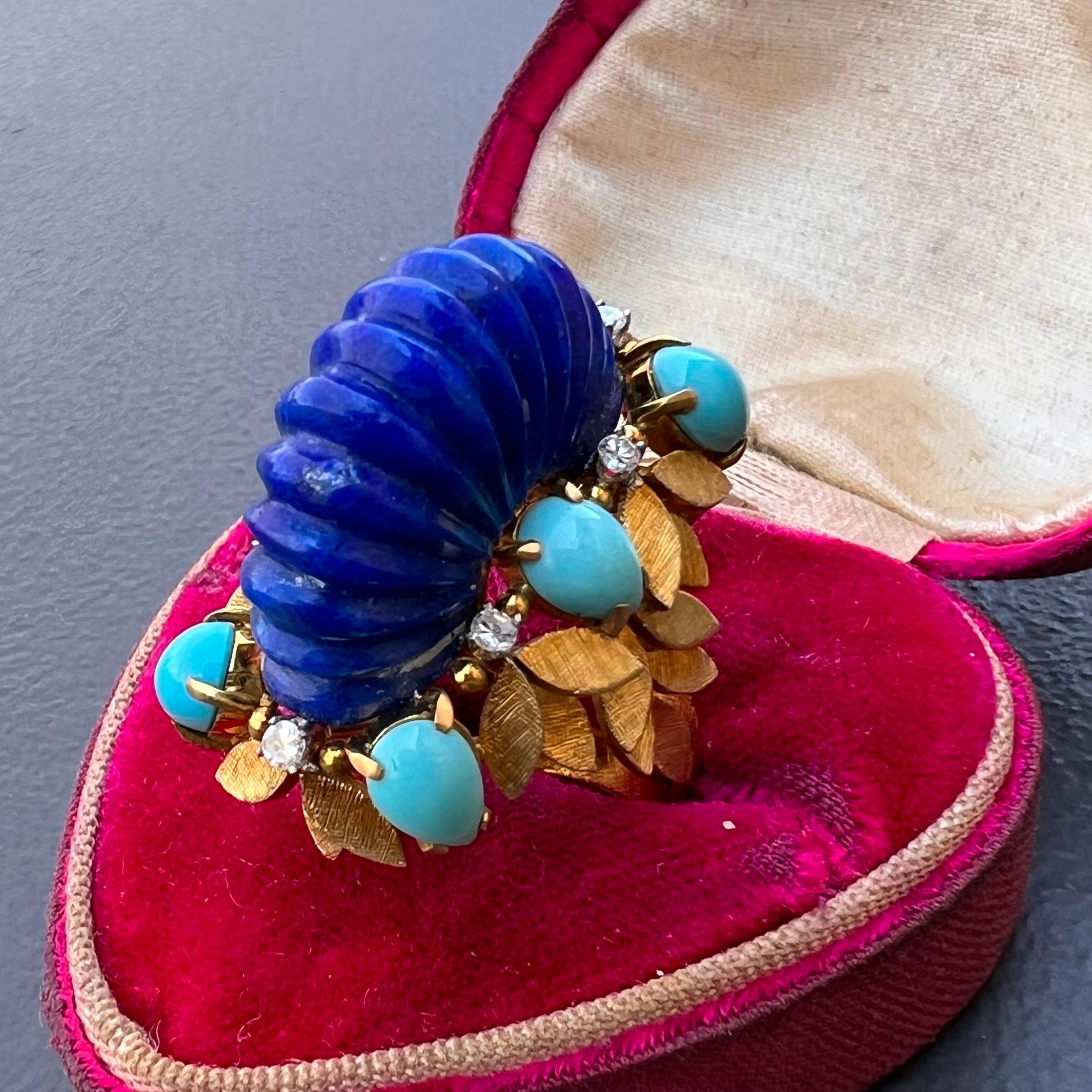 1970s 18 Karat Gold Lapis Diamond and Turquoise Cocktail Ring In Good Condition For Sale In Plainsboro, NJ