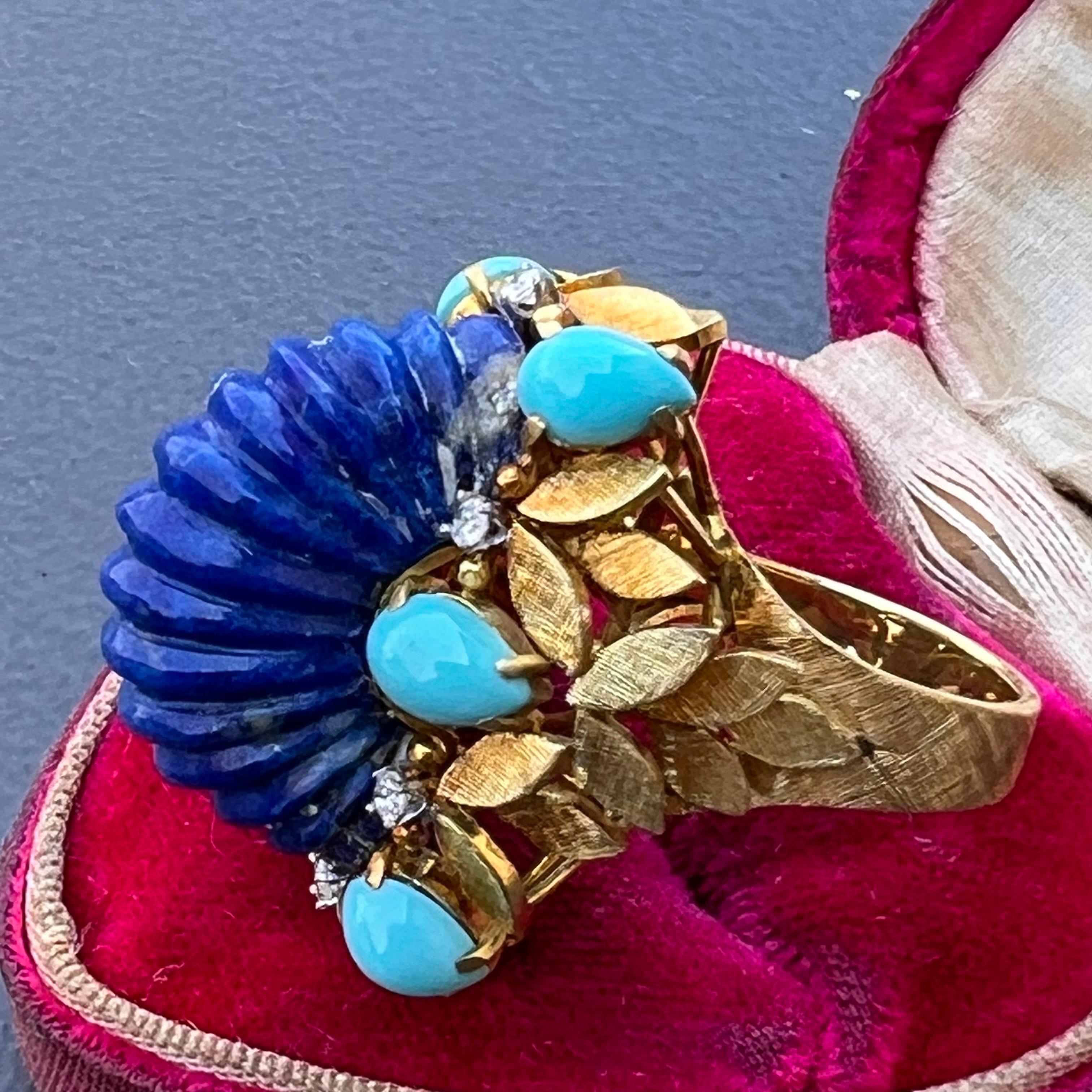1970s 18 Karat Gold Lapis Diamond and Turquoise Cocktail Ring For Sale 1