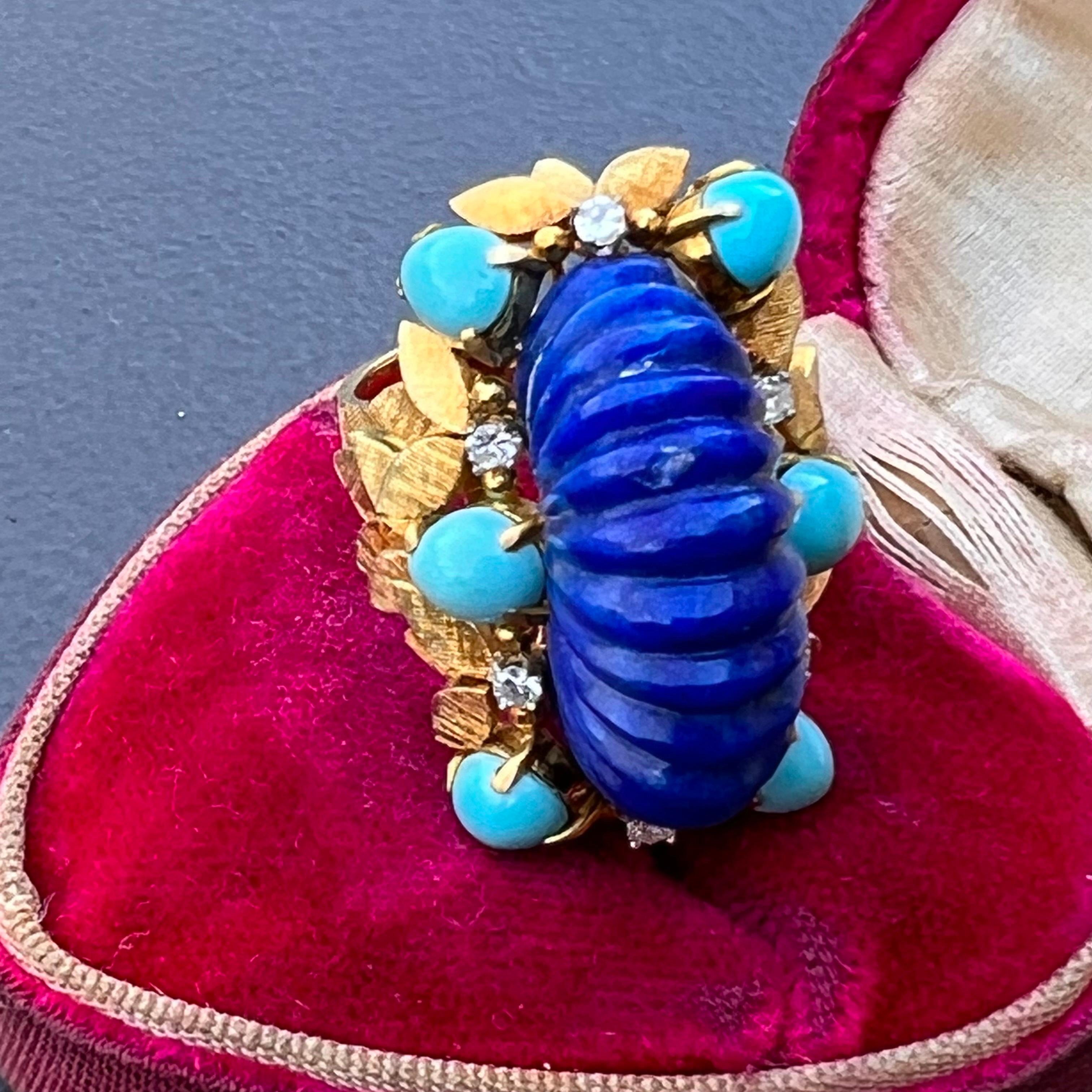 1970s 18 Karat Gold Lapis Diamond and Turquoise Cocktail Ring For Sale 2