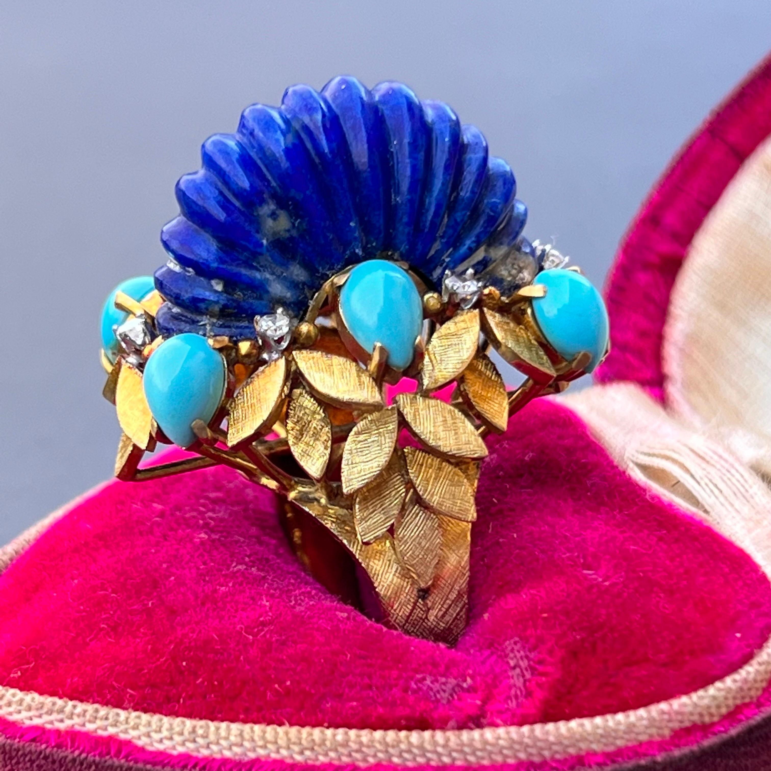 1970s 18 Karat Gold Lapis Diamond and Turquoise Cocktail Ring For Sale 3